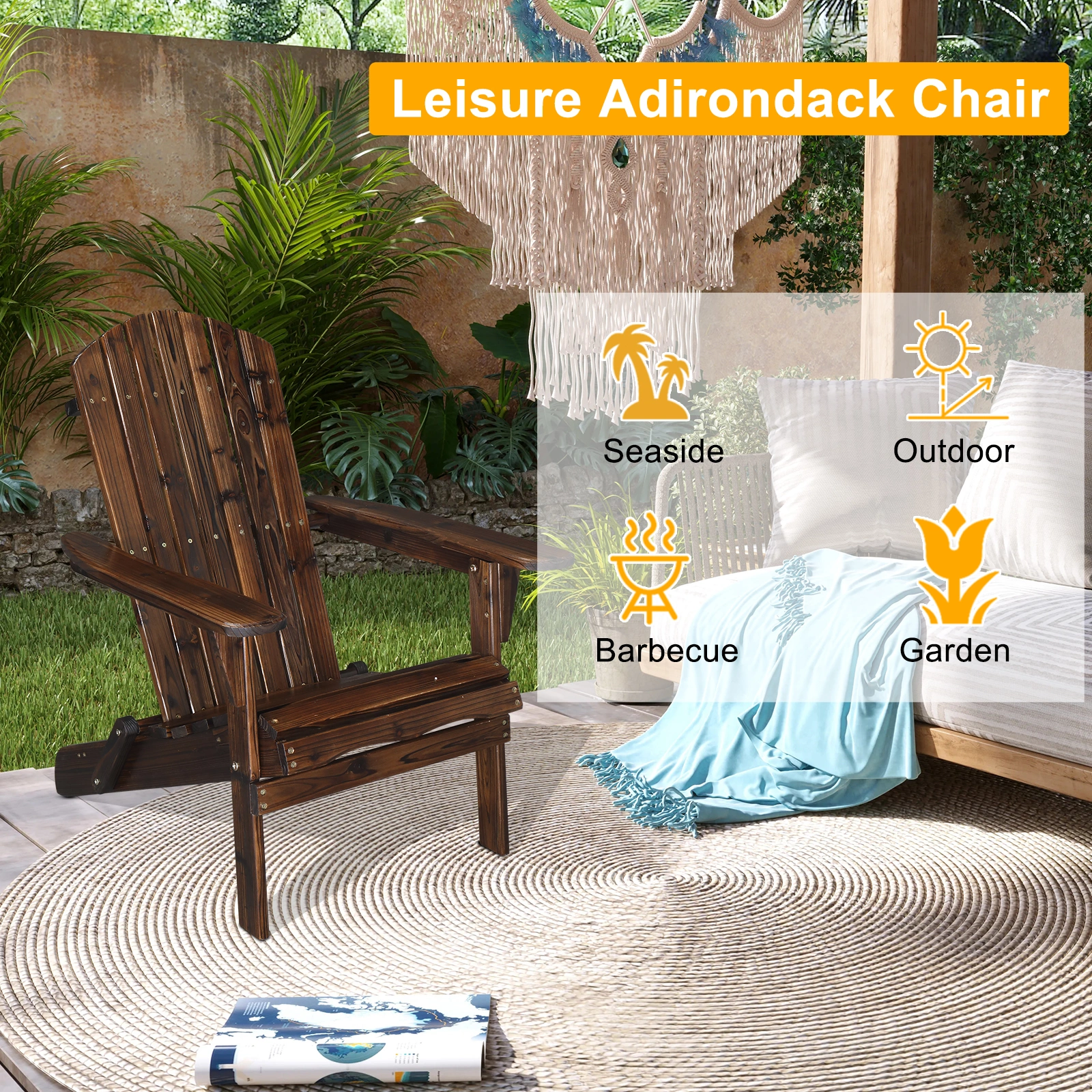 Folding Wooden Adirondack Lounger Chair with Natural Finish view 10