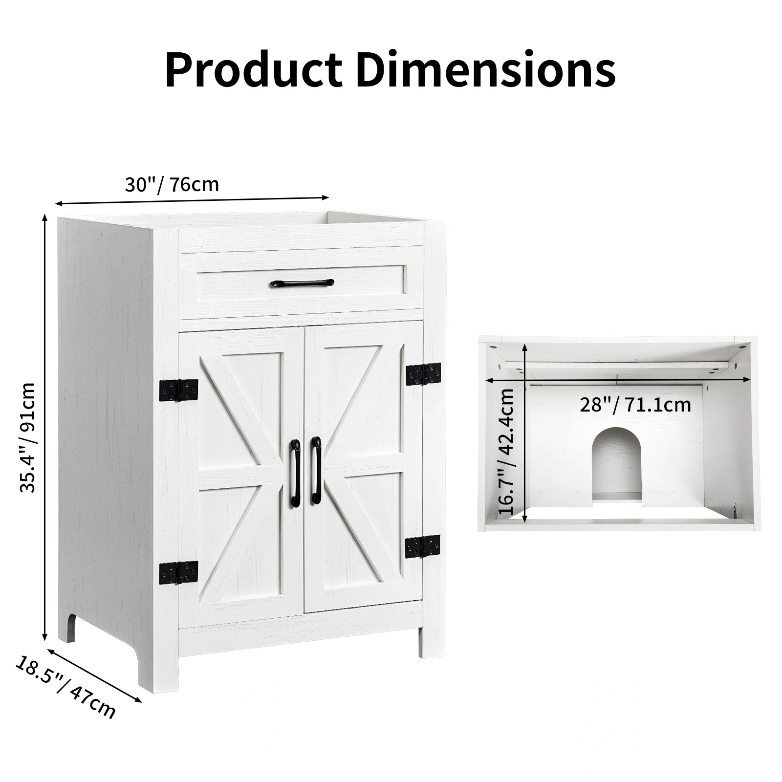 Washed white particleboard with melamine veneer, barn double door with U-shaped internal shelves, washbasin cabinet, 76*47*91cm (30 inches) view 4