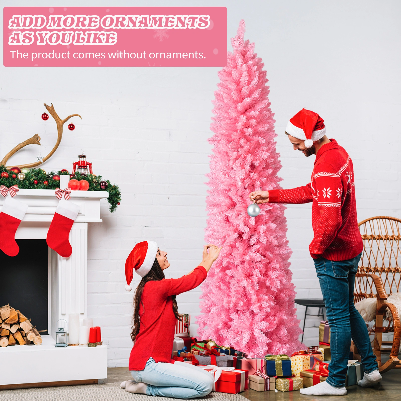 7.5 FT Hinged Christmas Tree, Artificial Pencil Christmas Tree, Unlit Artificial Christmas Pine Tree with 1075 Branch Tips and Sturdy Stand, Pink view 10