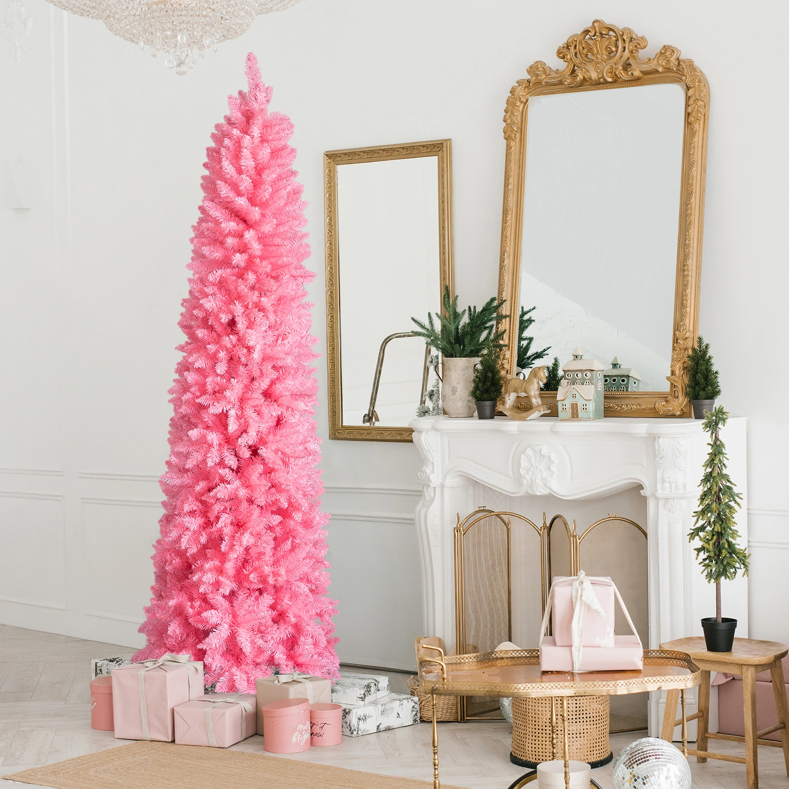 7.5 FT Hinged Christmas Tree, Artificial Pencil Christmas Tree, Unlit Artificial Christmas Pine Tree with 1075 Branch Tips and Sturdy Stand, Pink view 5