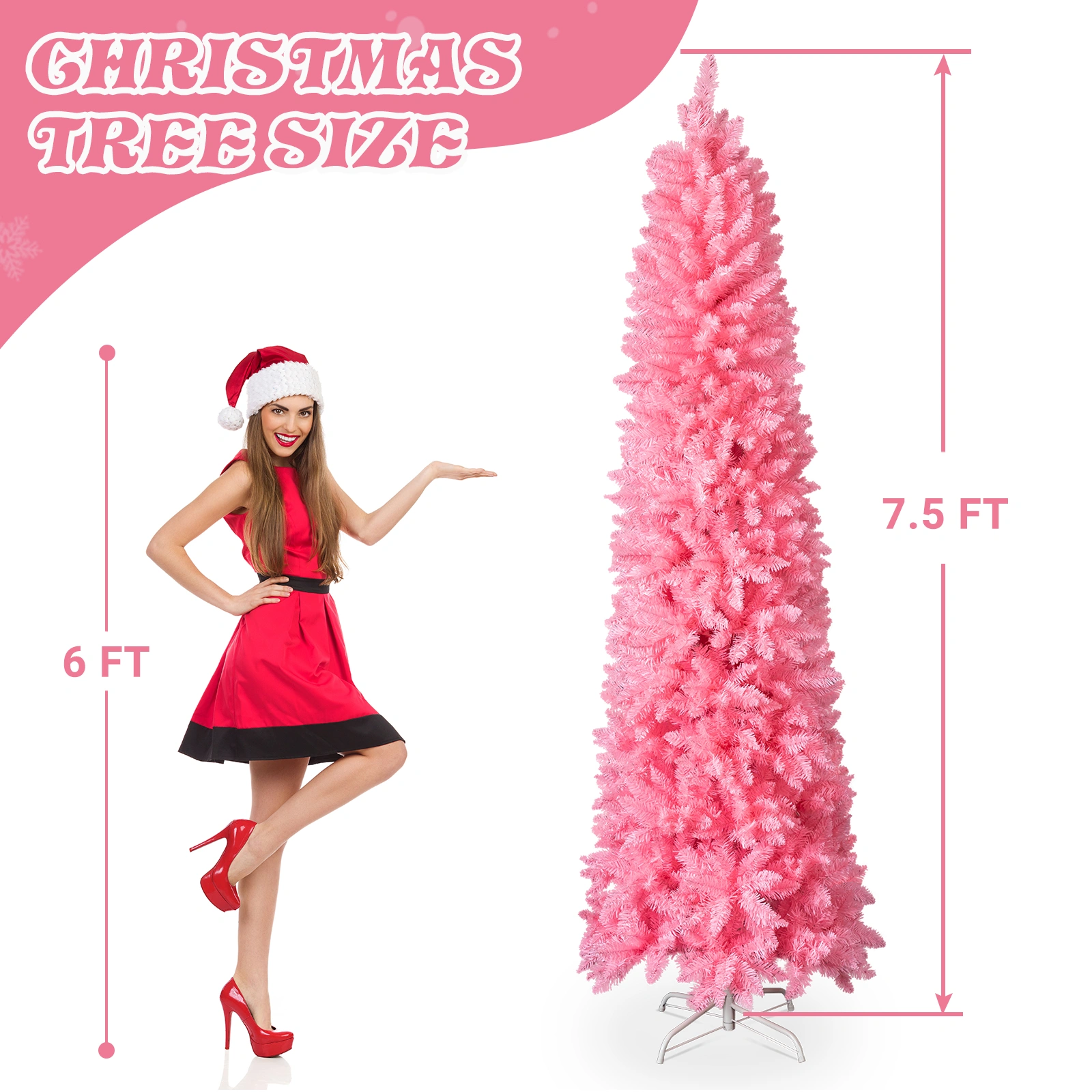 7.5 FT Hinged Christmas Tree, Artificial Pencil Christmas Tree, Unlit Artificial Christmas Pine Tree with 1075 Branch Tips and Sturdy Stand, Pink view 6