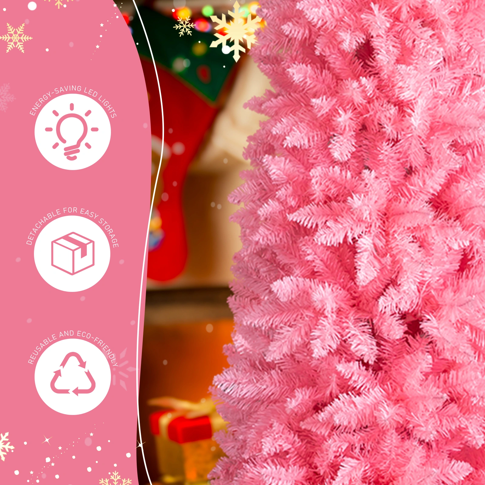 7.5 FT Hinged Christmas Tree, Artificial Pencil Christmas Tree, Unlit Artificial Christmas Pine Tree with 1075 Branch Tips and Sturdy Stand, Pink view 8