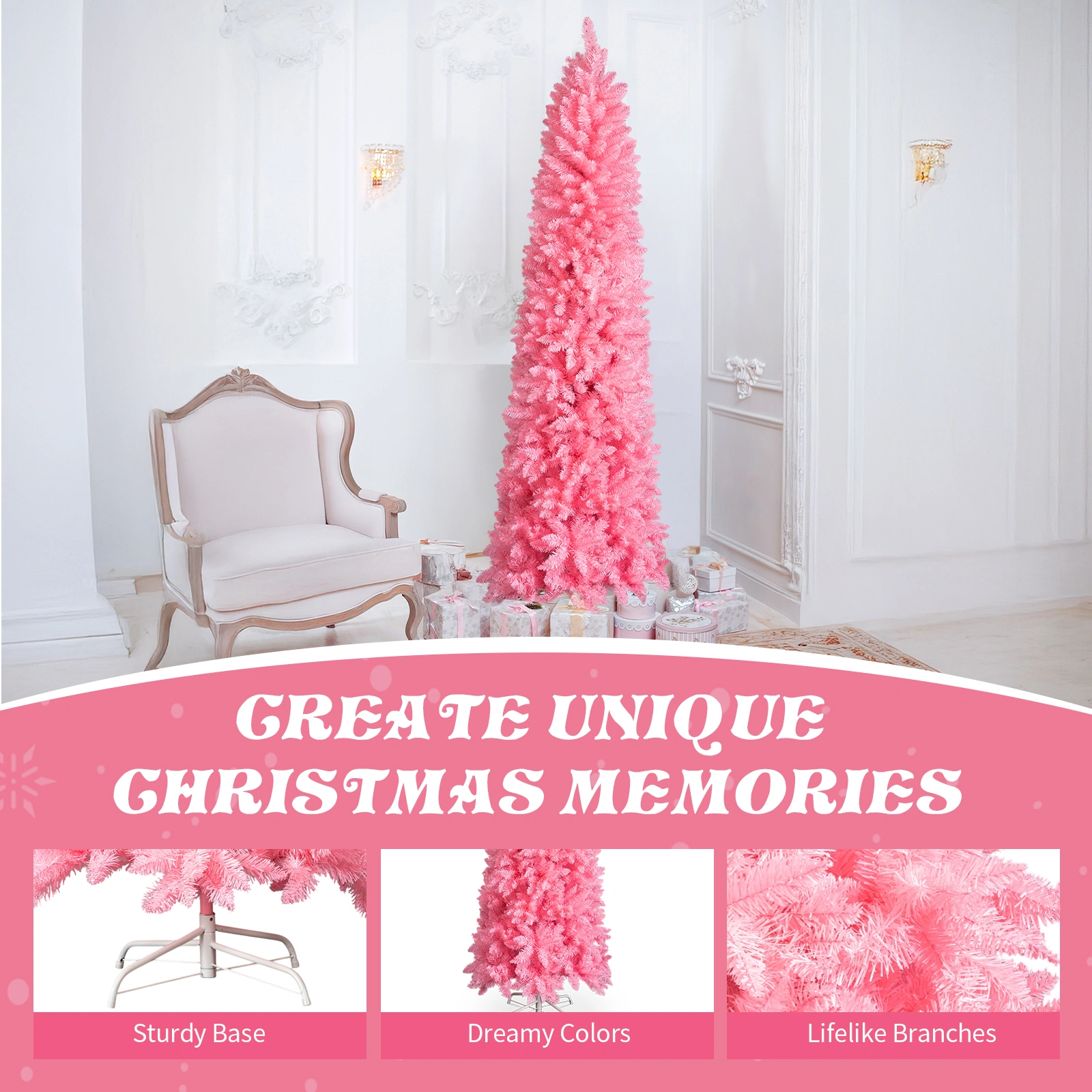 7.5 FT Hinged Christmas Tree, Artificial Pencil Christmas Tree, Unlit Artificial Christmas Pine Tree with 1075 Branch Tips and Sturdy Stand, Pink view 9