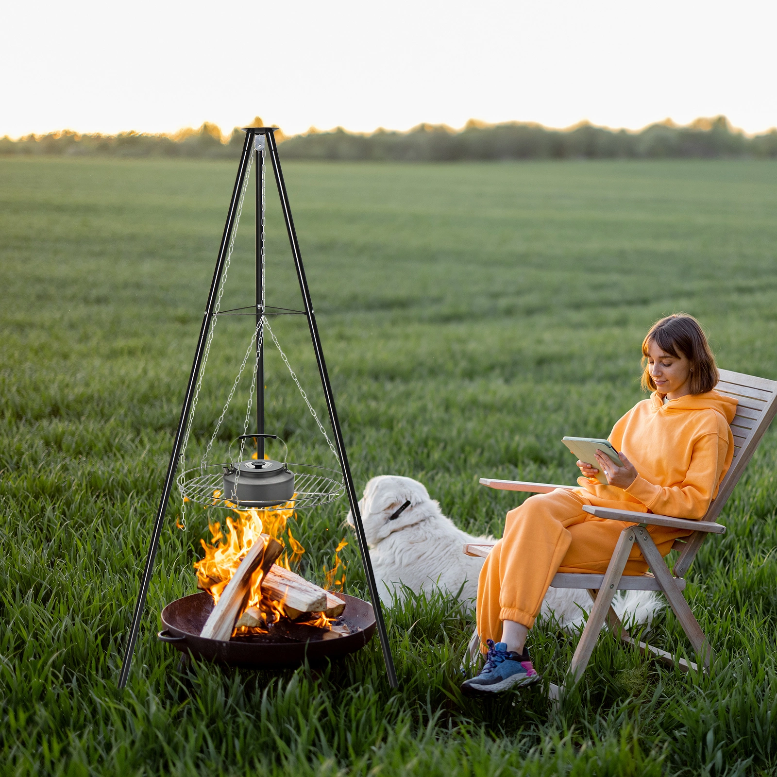 Campfire Tripod Grill, Adjustable Height BBQ Grill Grate for Cooking Over Fire, Firepit Cooking Rack, Black view 5