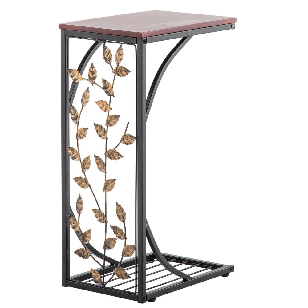 54x30.5x21CM Iron Side Table with Decorative Leaf Pattern Metal Coffee Table Brown