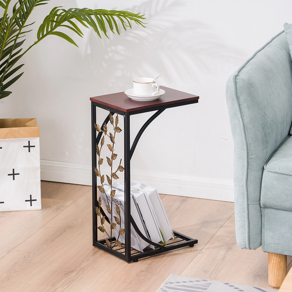 54x30.5x21CM Iron Side Table with Decorative Leaf Pattern Metal Coffee Table Brown view 2