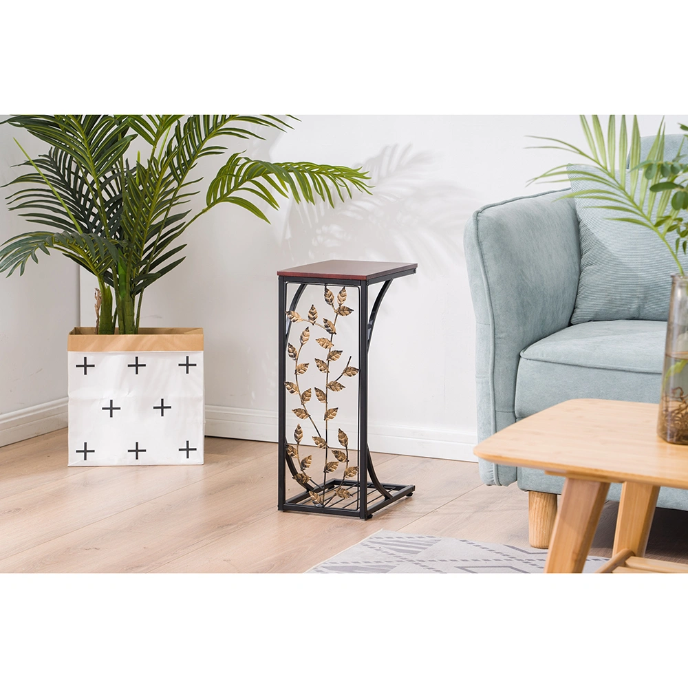 54x30.5x21CM Iron Side Table with Decorative Leaf Pattern Metal Coffee Table Brown view 3