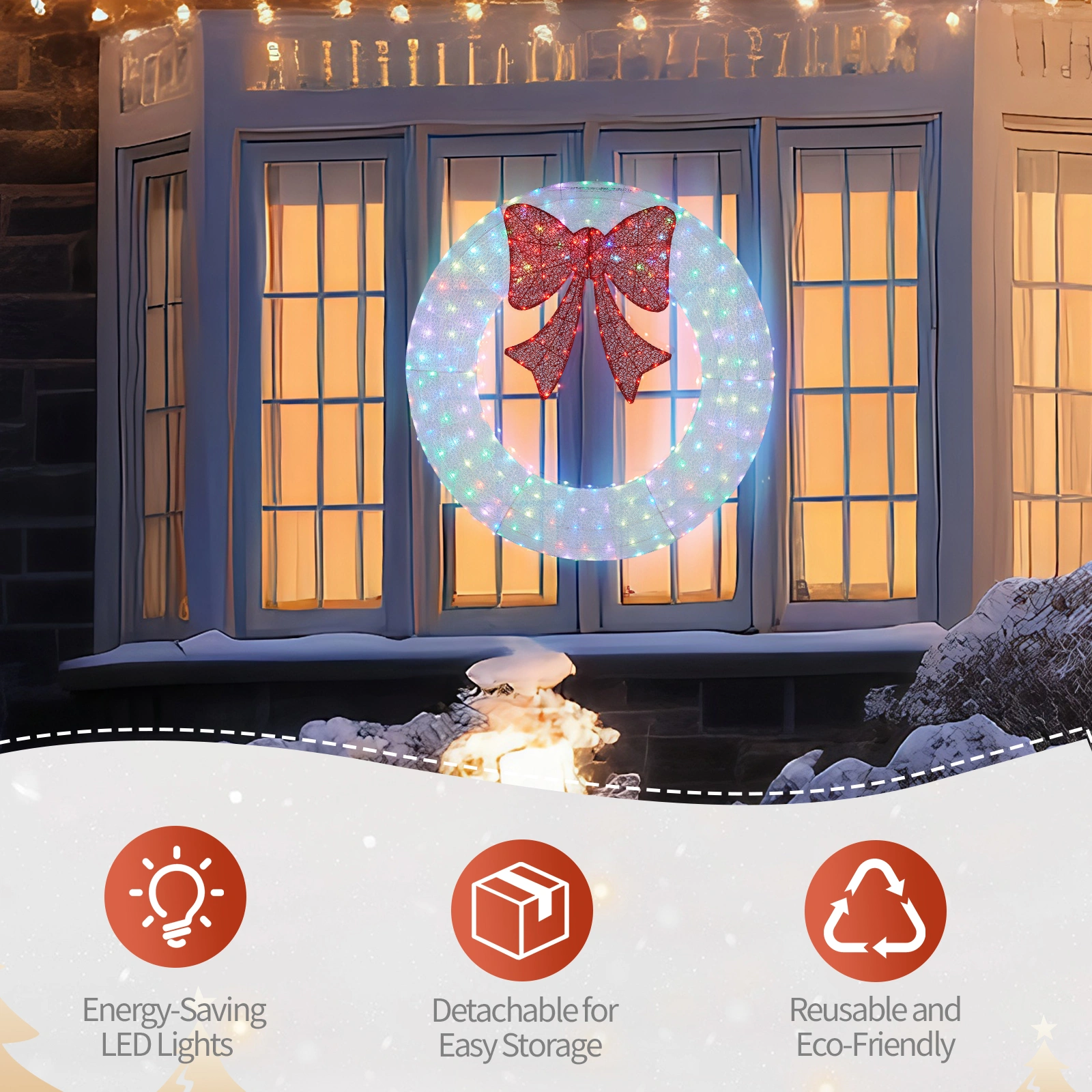 36in Pre-lit Outdoor Christmas Wreath Decoration, Lighted Metal Wreath with Red Bow, Remote Control LED Lights with Timer, for Front Door Gate Wall Indoor Outdoor Holiday Party, White view 10