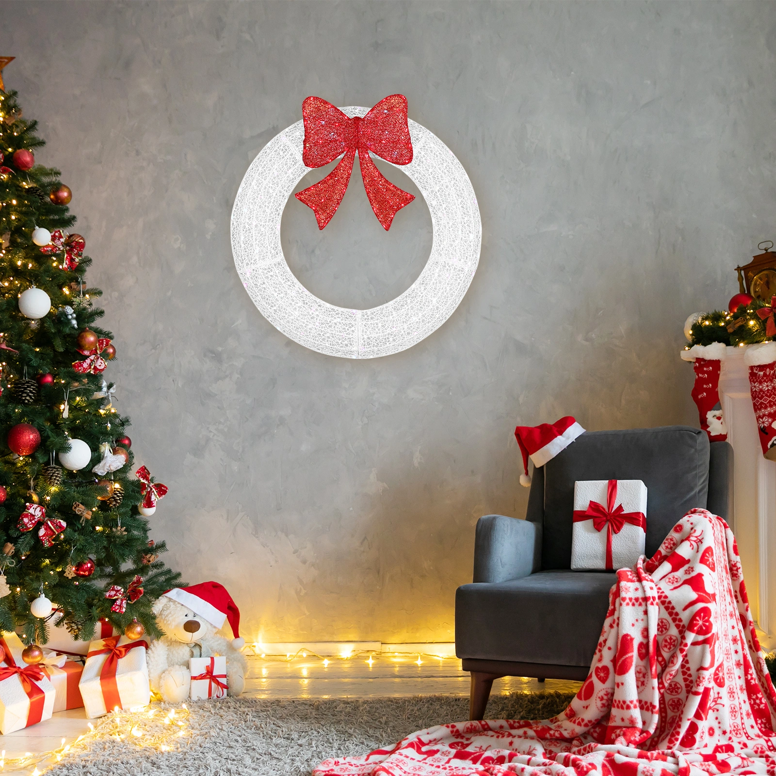 36in Pre-lit Outdoor Christmas Wreath Decoration, Lighted Metal Wreath with Red Bow, Remote Control LED Lights with Timer, for Front Door Gate Wall Indoor Outdoor Holiday Party, White view 11
