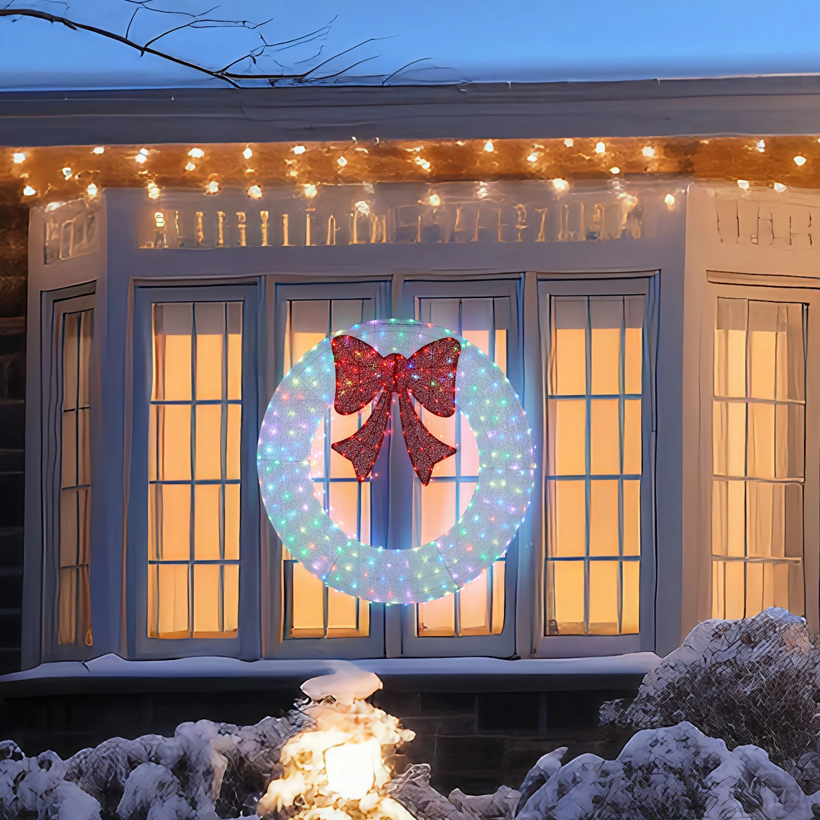 36in Pre-lit Outdoor Christmas Wreath Decoration, Lighted Metal Wreath with Red Bow, Remote Control LED Lights with Timer, for Front Door Gate Wall Indoor Outdoor Holiday Party, White view 12
