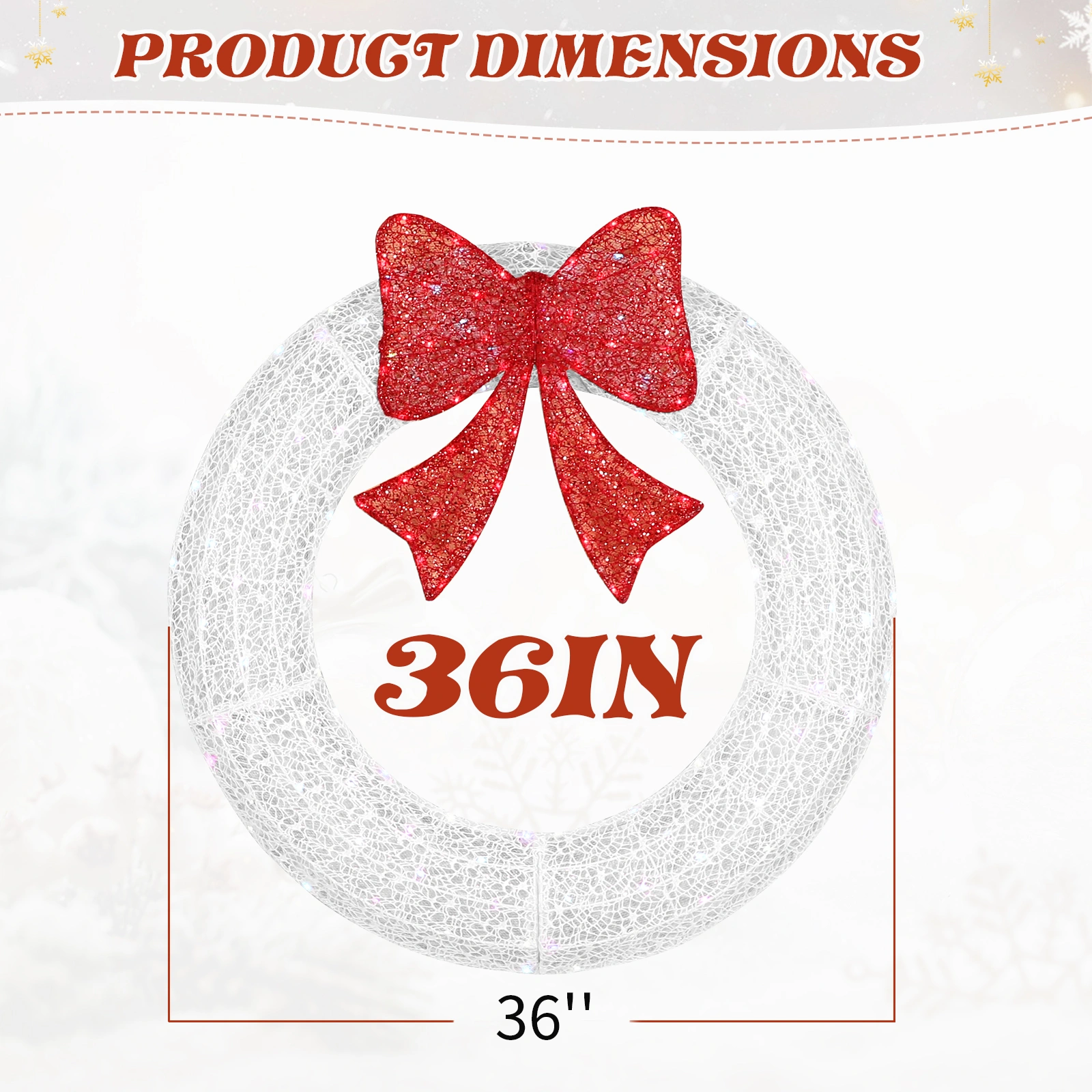 36in Pre-lit Outdoor Christmas Wreath Decoration, Lighted Metal Wreath with Red Bow, Remote Control LED Lights with Timer, for Front Door Gate Wall Indoor Outdoor Holiday Party, White view 2