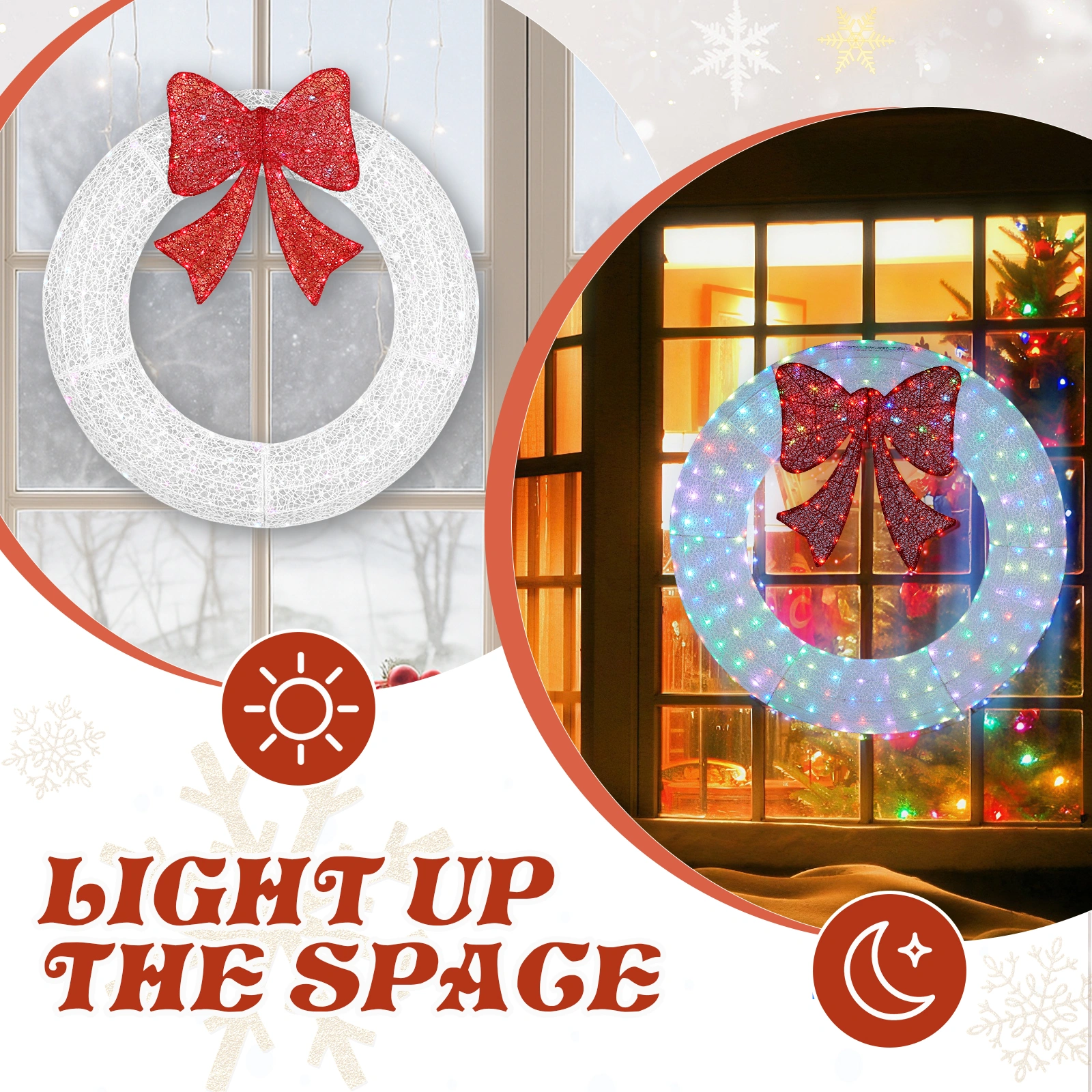 36in Pre-lit Outdoor Christmas Wreath Decoration, Lighted Metal Wreath with Red Bow, Remote Control LED Lights with Timer, for Front Door Gate Wall Indoor Outdoor Holiday Party, White view 7