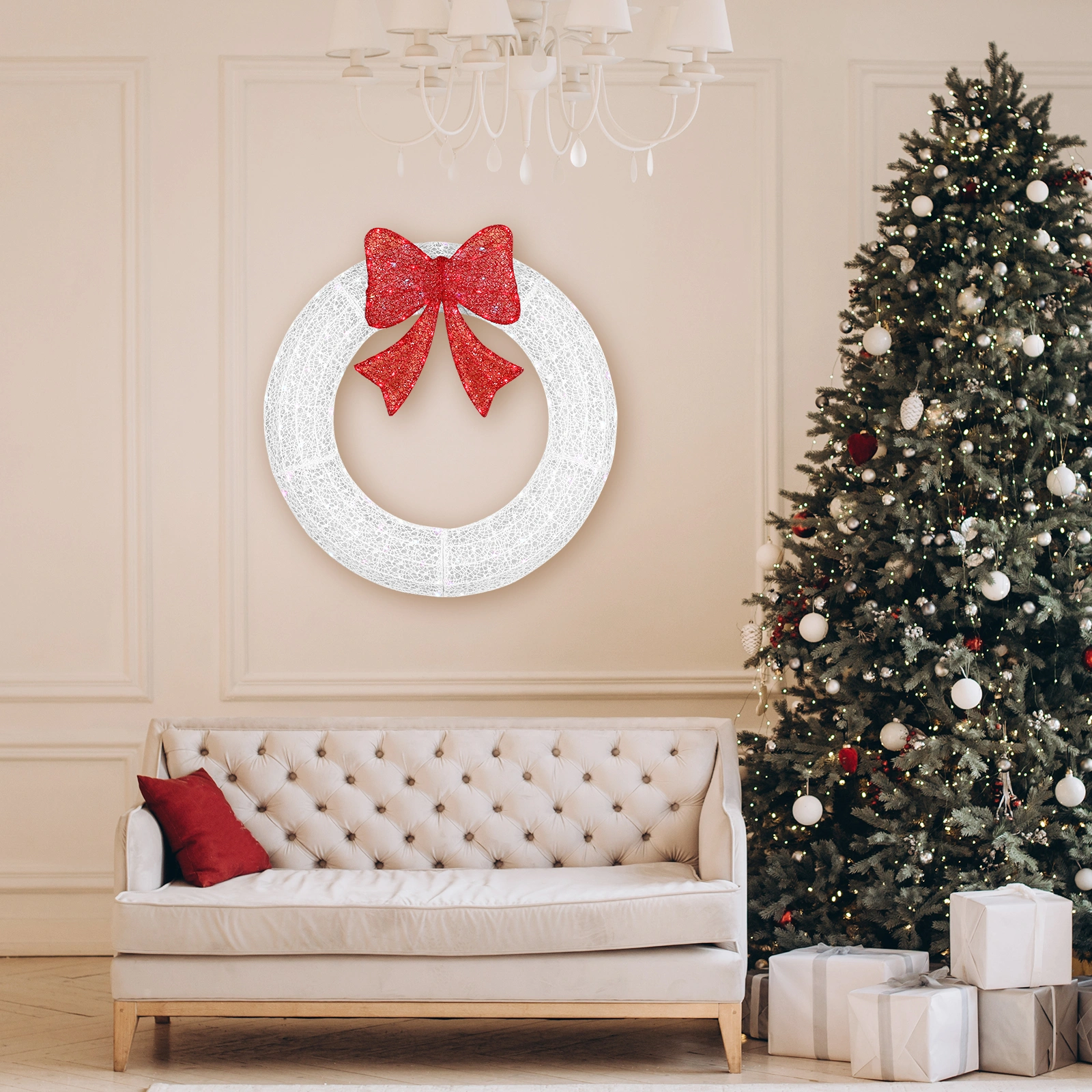 36in Pre-lit Outdoor Christmas Wreath Decoration, Lighted Metal Wreath with Red Bow, Remote Control LED Lights with Timer, for Front Door Gate Wall Indoor Outdoor Holiday Party, White view 8