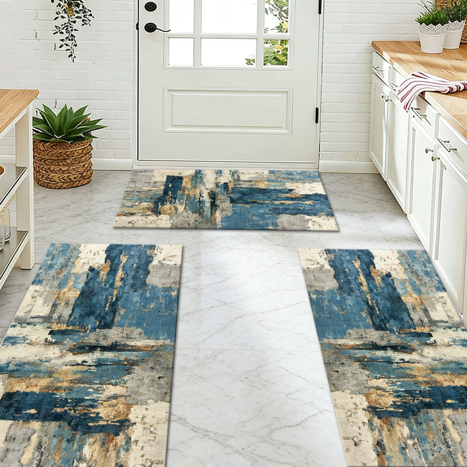 Three-piece kitchen rug set, non-slip and washable, abstract pattern kitchen hallway rug, soft and comfortable, suitable for sinks, floors, entrances, hallways and bathrooms. view 10