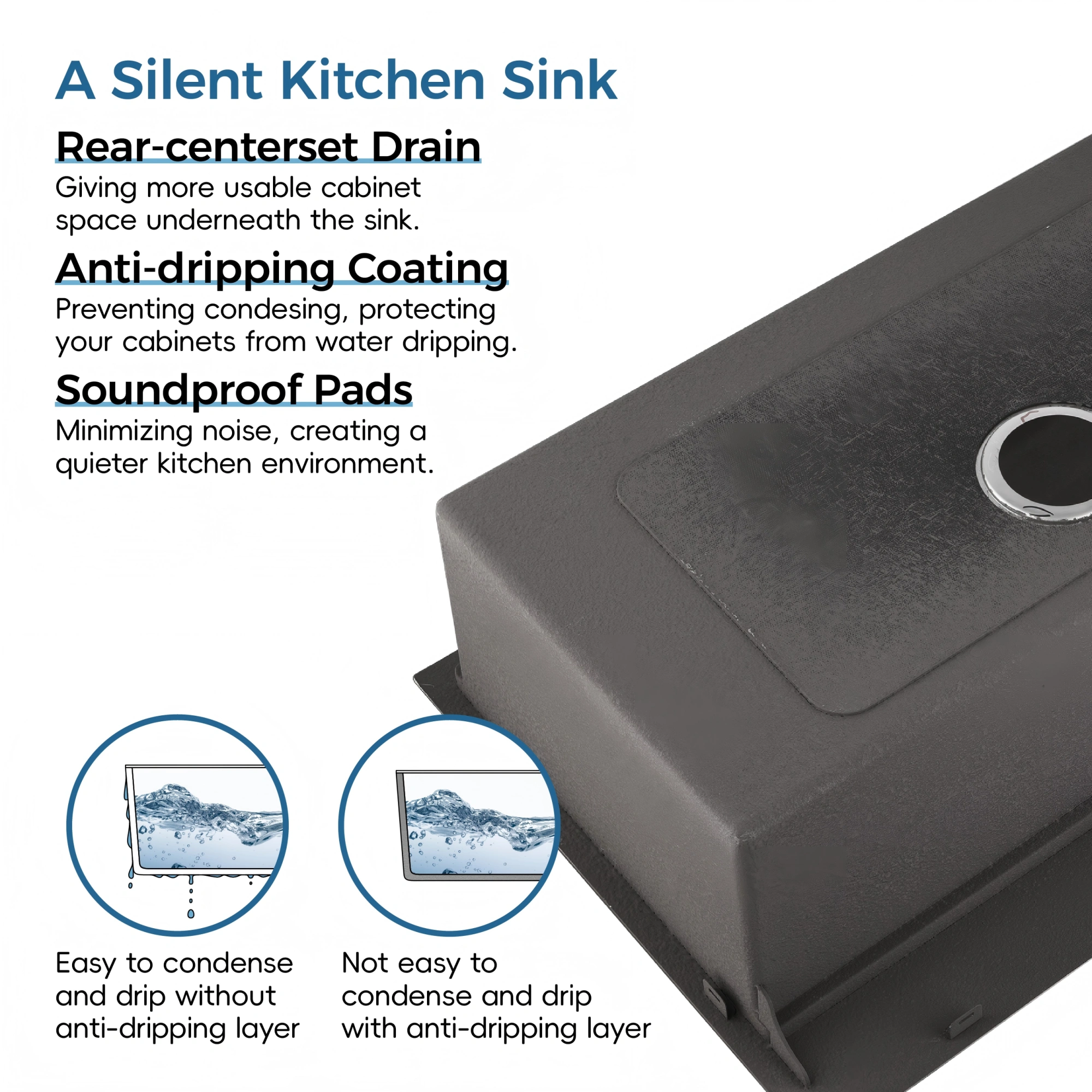 Stainless Steel Kitchen Sink, 23″x19″ Single Bowl, Undermount Handmade Sink in Dark Gray, with US Standard Drain and Hook[Unable ship on weekends, TK/TEMU only for pickup, only TX10643 warehouse supports GOFO] view 7