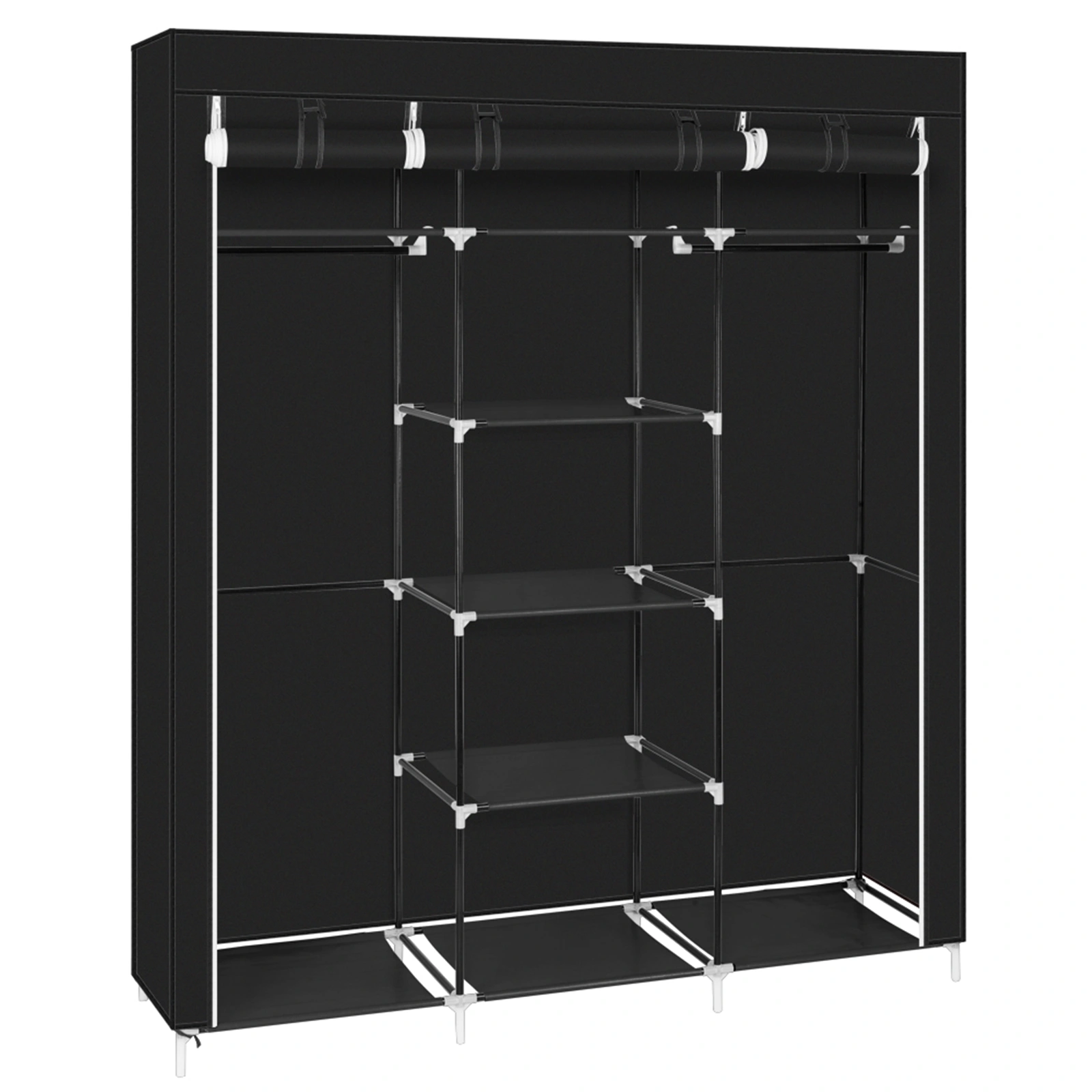 69" Portable Black Closet Wardrobe, Non-Woven Fabric Double Rod Storage Organizer