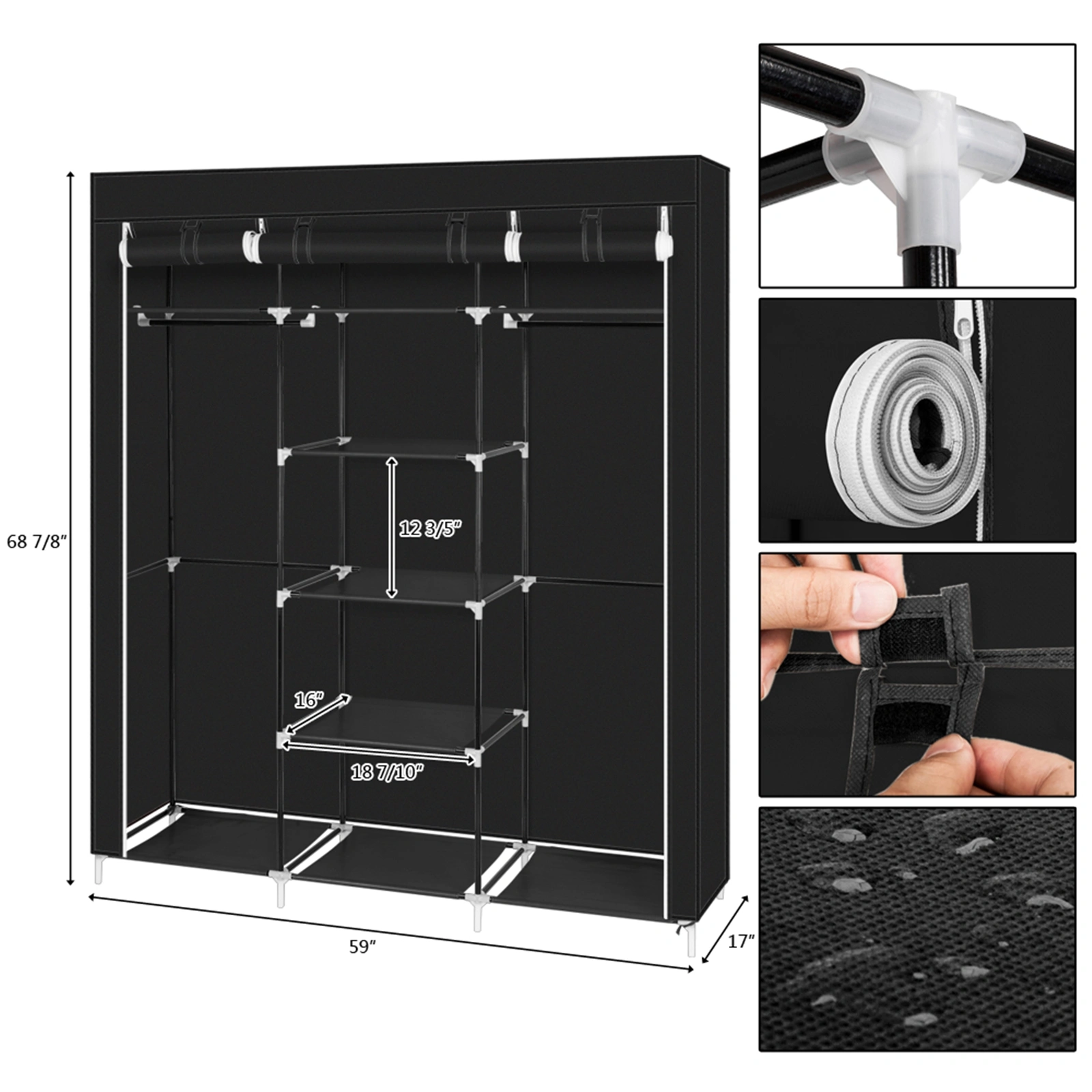 69" Portable Black Closet Wardrobe, Non-Woven Fabric Double Rod Storage Organizer view 2