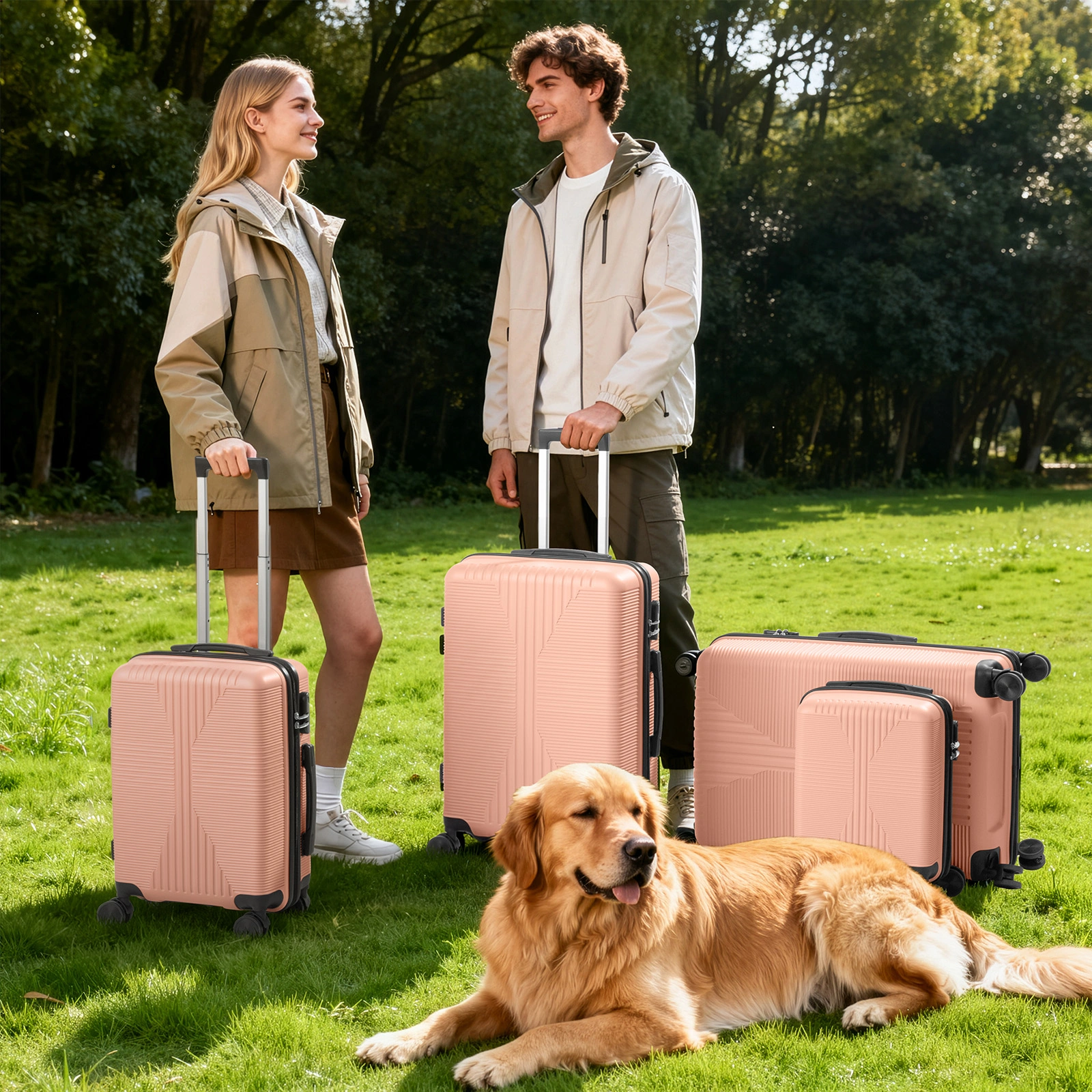 Non-TSA customs lock four-in-one PP trolley suitcase, available in 16in, 20in, 24in, and 28in sizes, in pink view 13