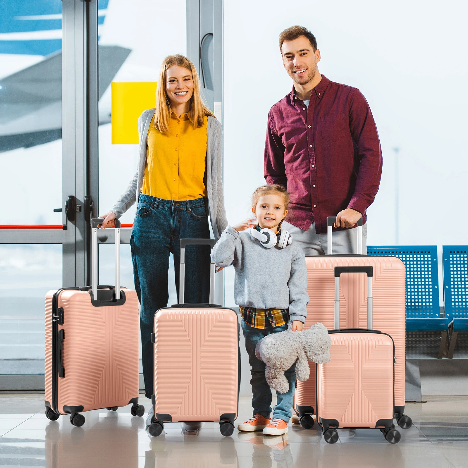 Non-TSA customs lock four-in-one PP trolley suitcase, available in 16in, 20in, 24in, and 28in sizes, in pink view 14