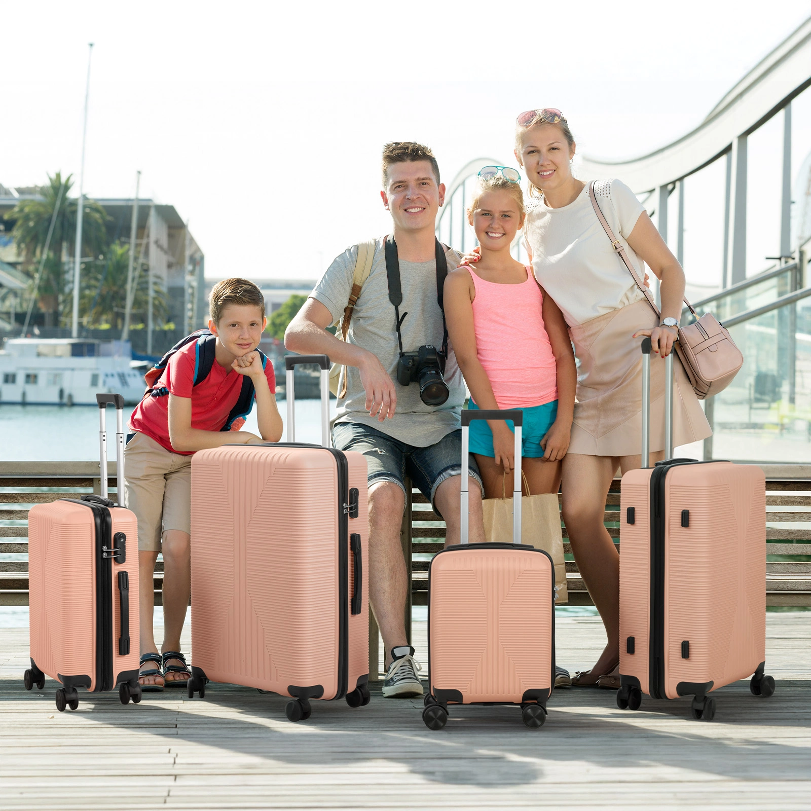 Non-TSA customs lock four-in-one PP trolley suitcase, available in 16in, 20in, 24in, and 28in sizes, in pink view 15
