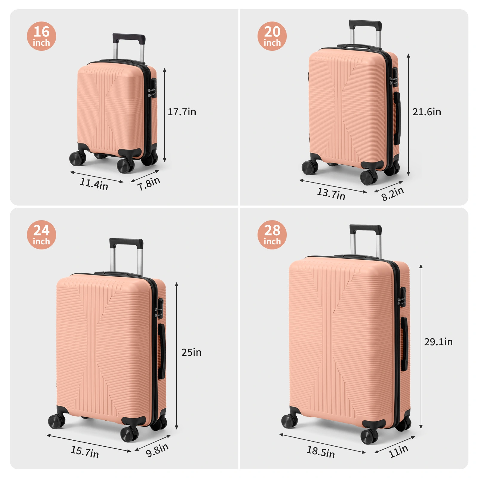 Non-TSA customs lock four-in-one PP trolley suitcase, available in 16in, 20in, 24in, and 28in sizes, in pink view 18