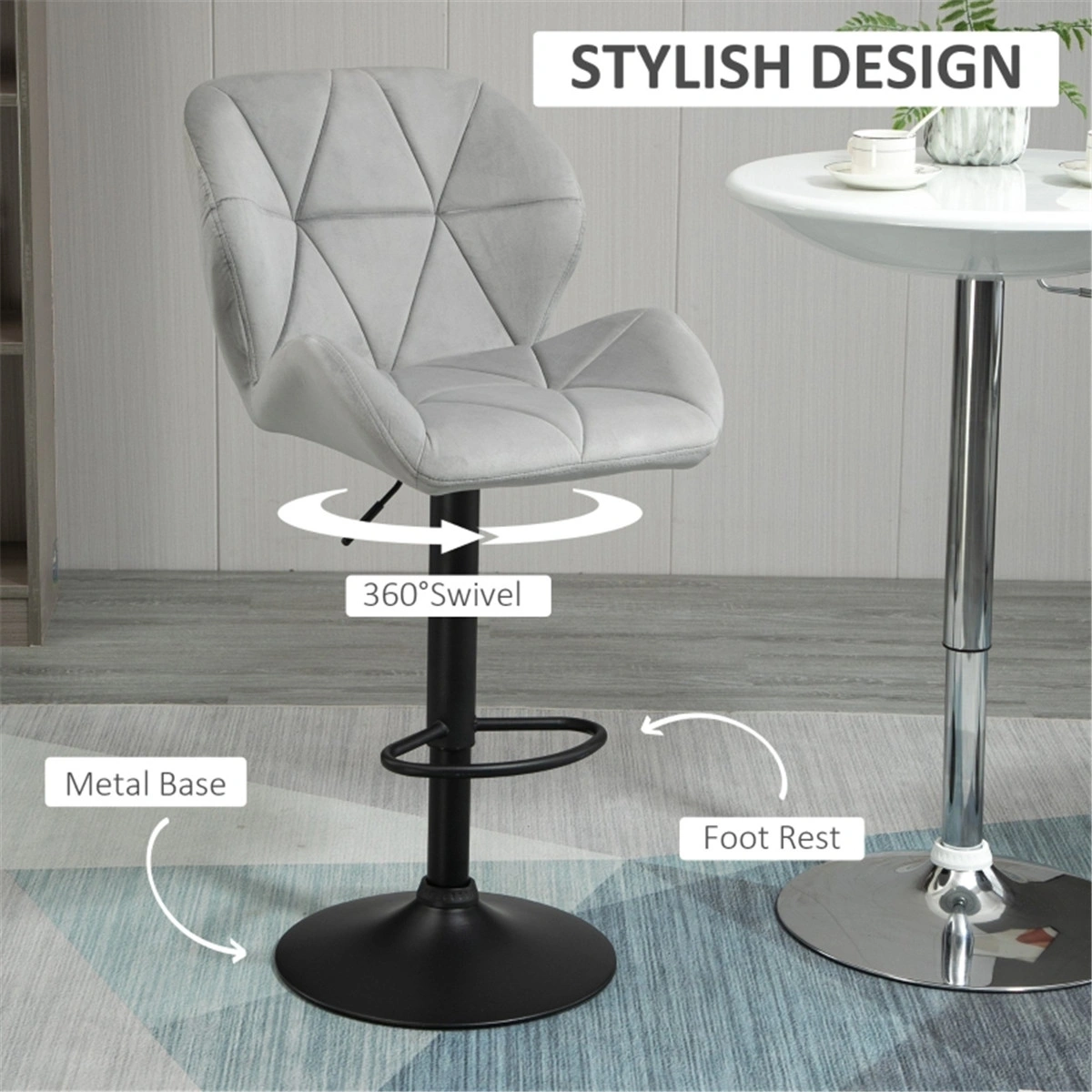 Modern Bar Stool Set of 2, Adjustable Counter Height Chair, 24" Dining Stool with Padded Seat, Metal Frame, Black, Swivel Office Chair for Kitchen Island, Home, Cafe view 3