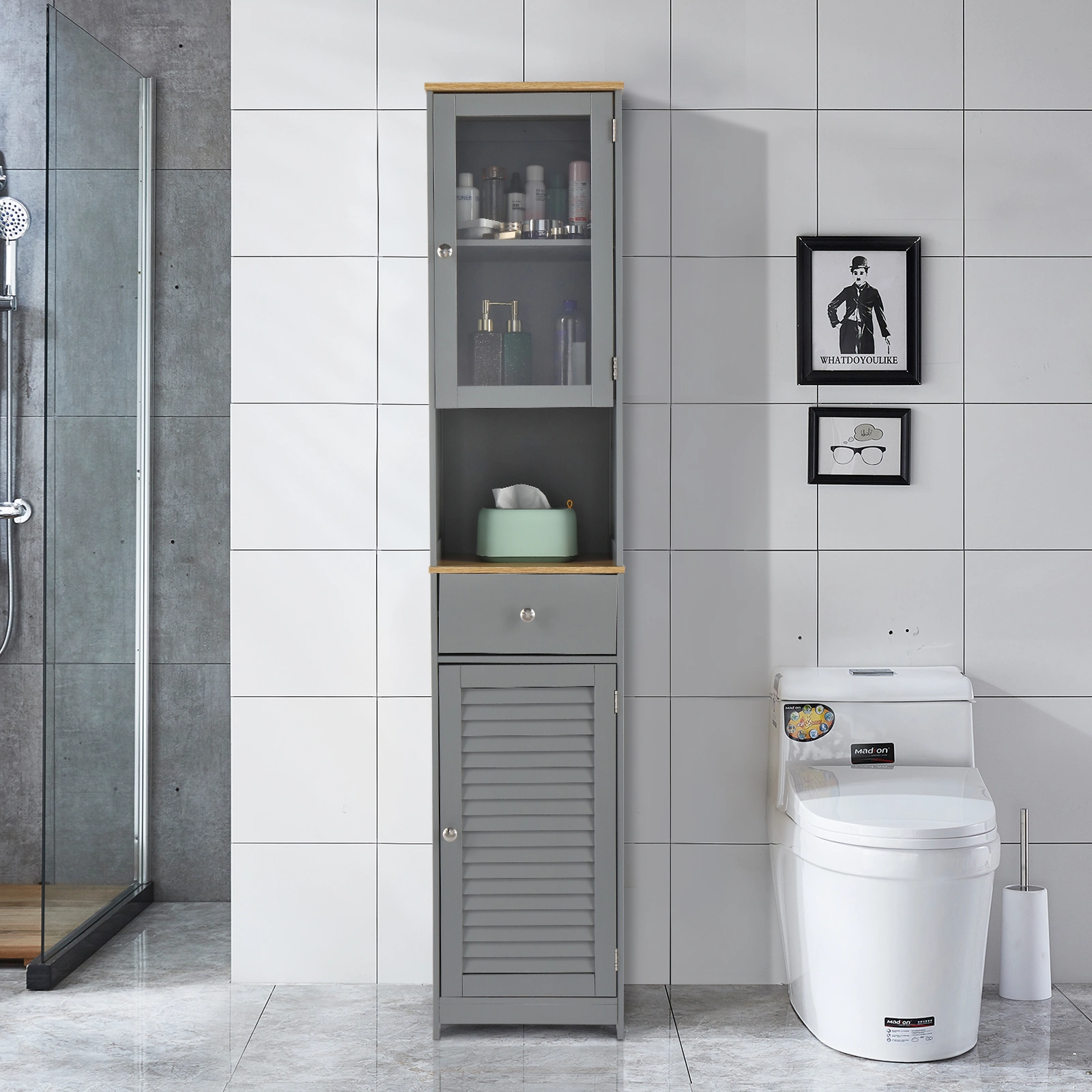 Gray MDF Bathroom Cabinet, 1-Drawer 2-Door Wall-Mount Storage Cupboard, Spray-Painted Finish Moisture-Resistant Vanity Organizer