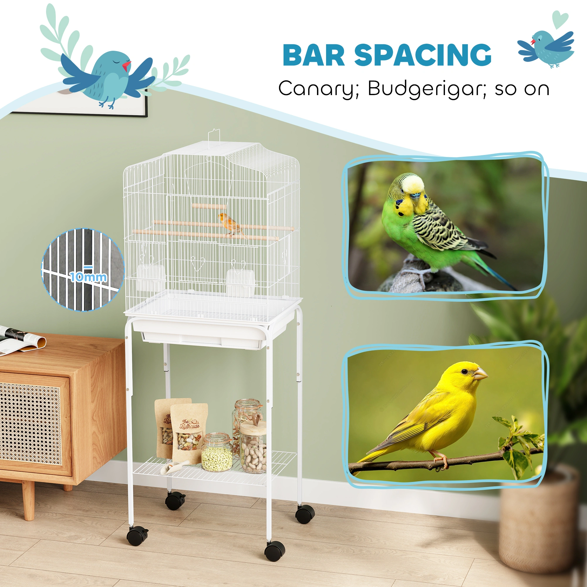 Bird Cage Starter Kit with Detachable Rolling Stand - Complete Avian Home Set, Includes Perch, Food & Water Bowls, Easy Assembly Portable Carrier view 3