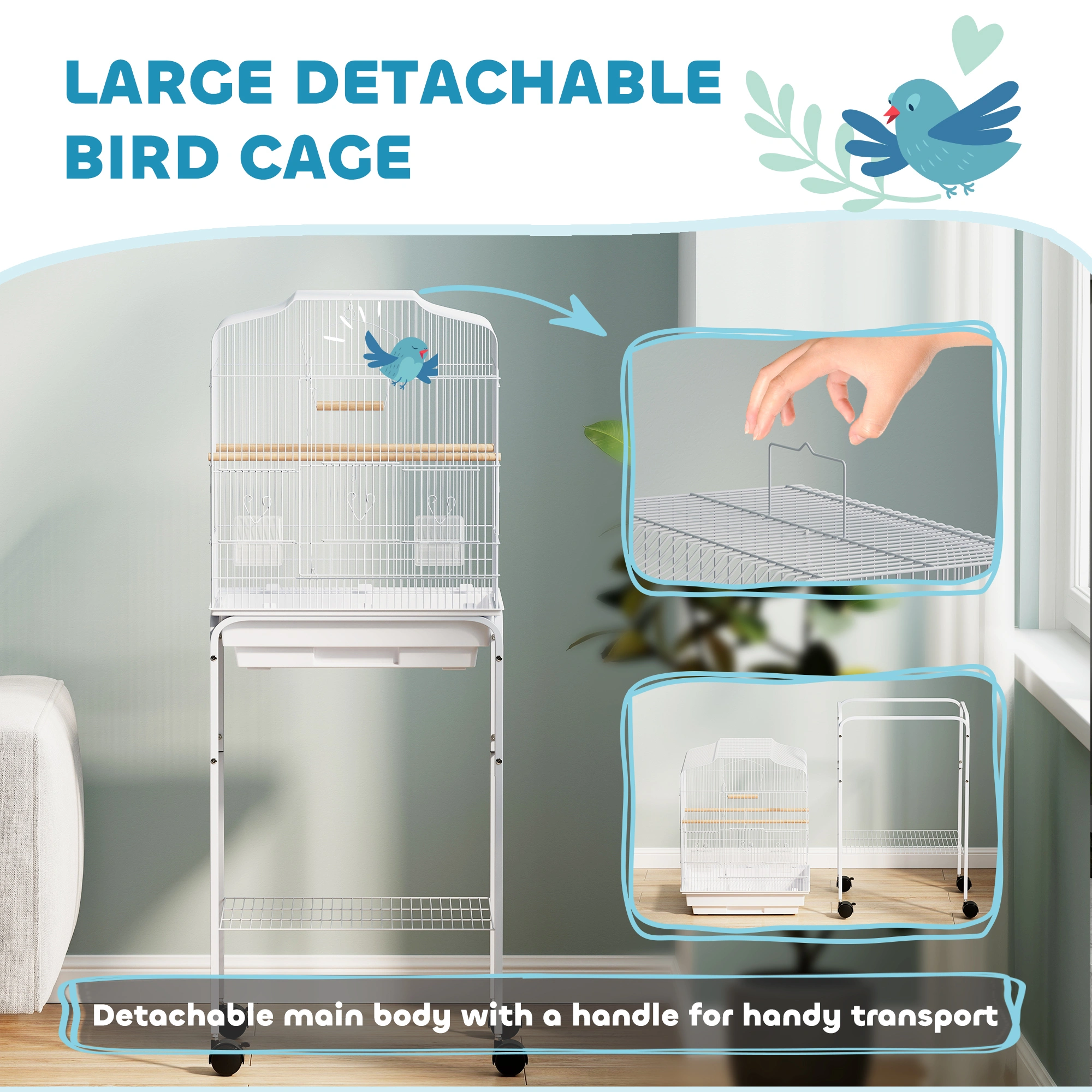 Bird Cage Starter Kit with Detachable Rolling Stand - Complete Avian Home Set, Includes Perch, Food & Water Bowls, Easy Assembly Portable Carrier view 4