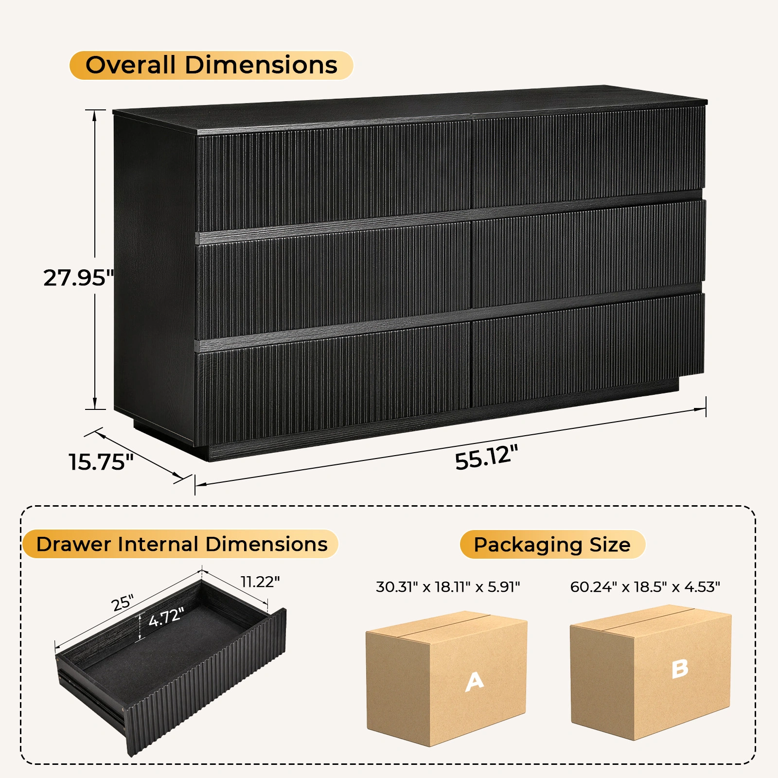 Handleless 6-Drawer Dresser Grille Finish P2 Particleboard MDF Melamine Veneer Vacuum-Formed Bedside Table 55.12x15.75x27.95in Black view 5