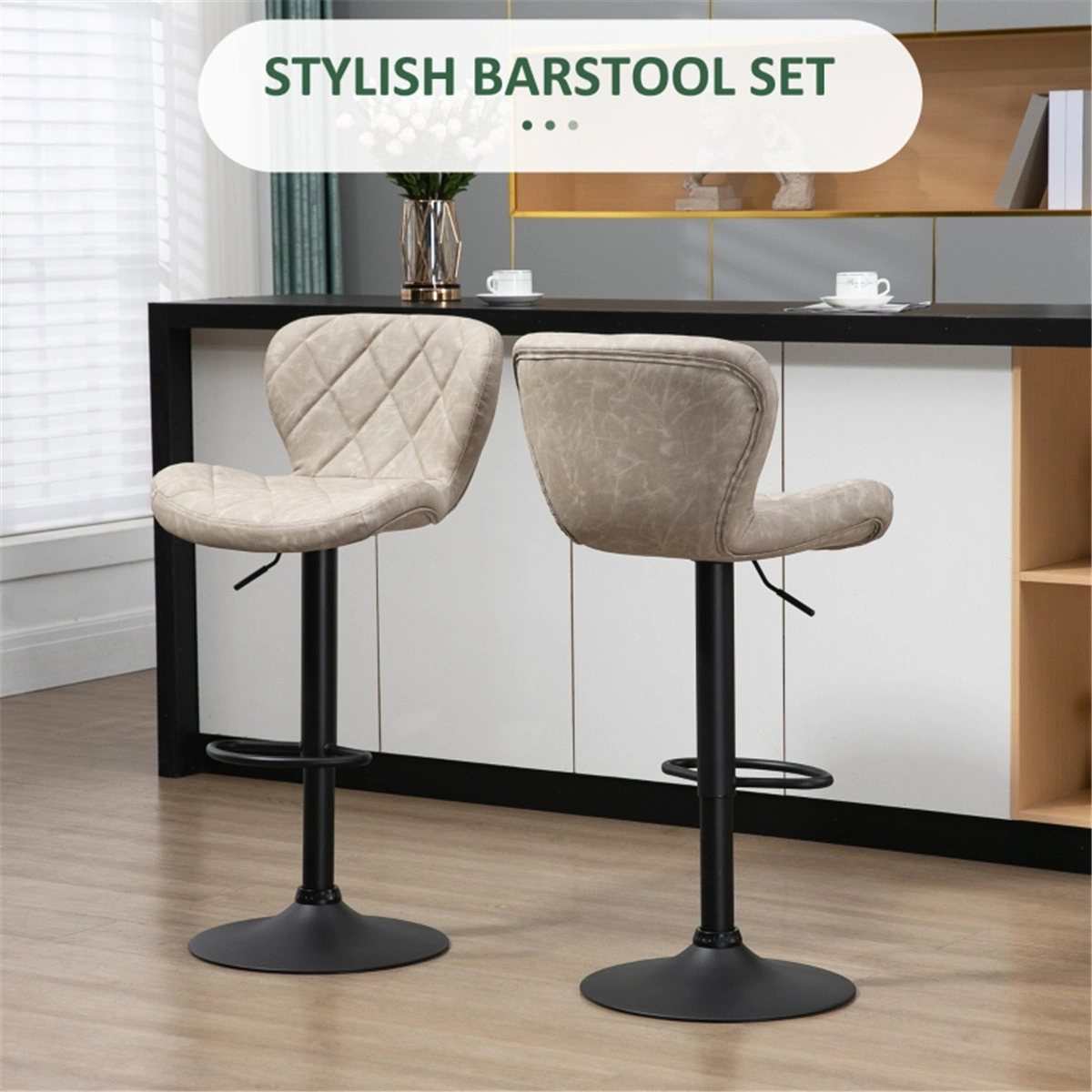 Set of 2 Bar Stools, Vintage Dining Chair with Footrest, 360 Swivel Office Chair for Kitchen Counter