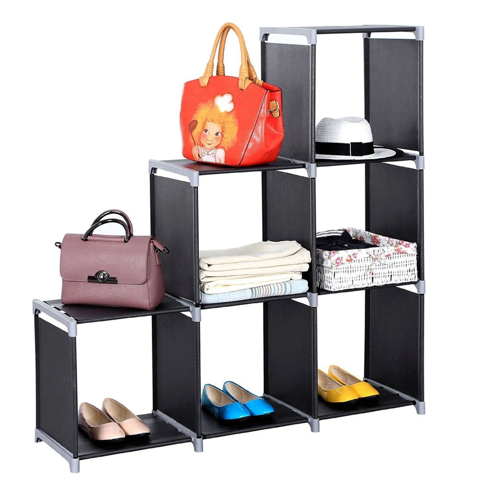 Multifunctional Assembled 3 Tiers 6 Compartments Storage Shelf Black view 11
