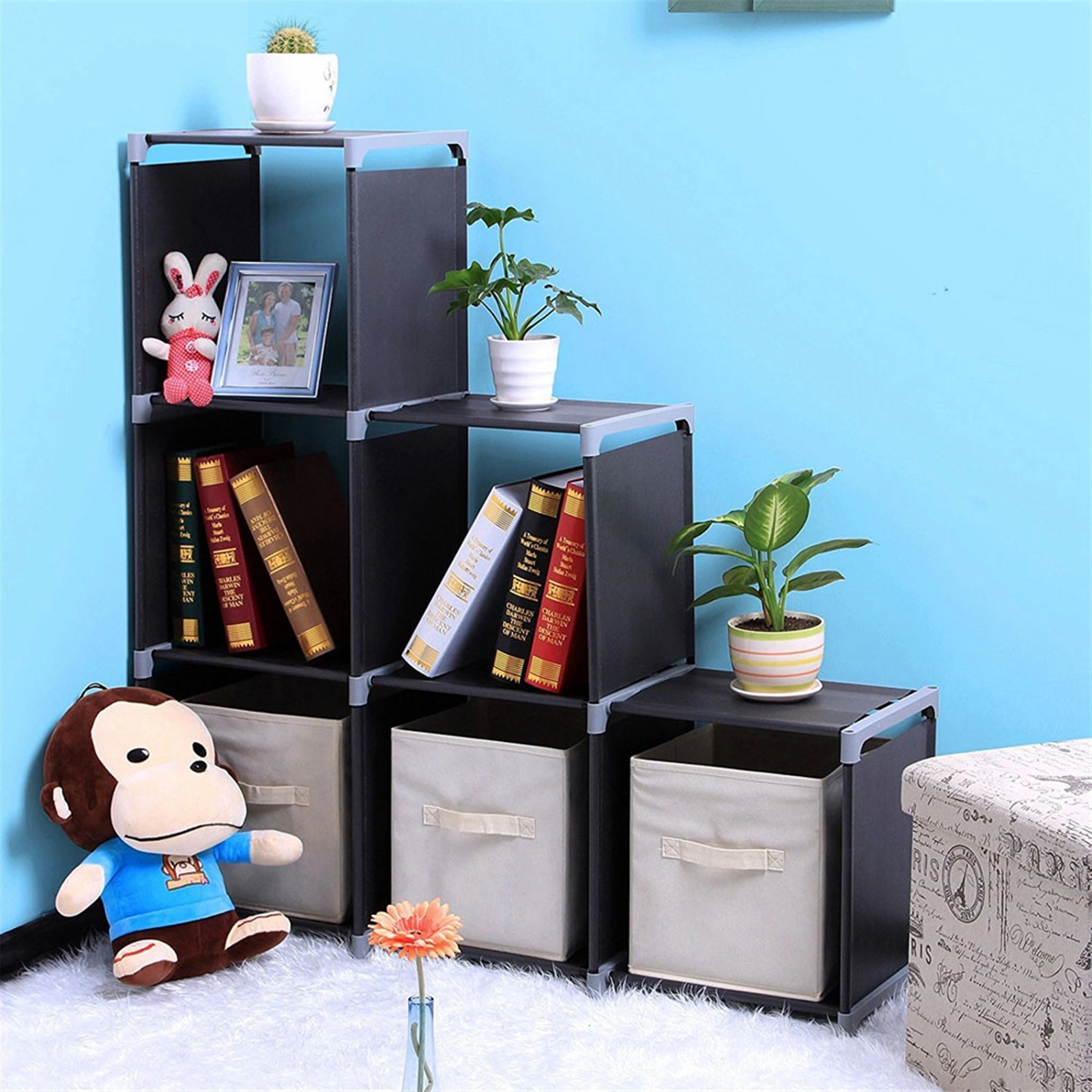Multifunctional Assembled 3 Tiers 6 Compartments Storage Shelf Black view 12