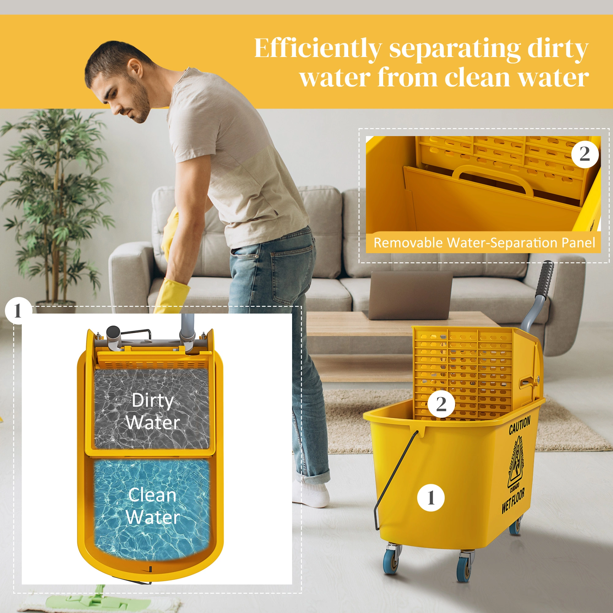 Commercial Mop Water Bucket Wringer Cart, Heavy Duty Spin Mop Holder, Stainless Steel, 360° Rotation, Gray view 5