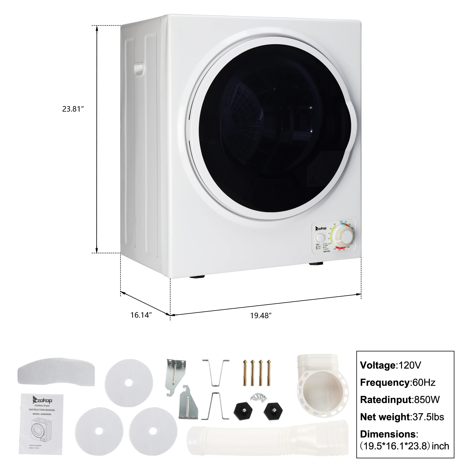 GYM25-78 Compact Portable Household clothes Dryer 1.6cuft with Stainless Steel Drum Black and White 120V MECHANICAL Control ETL Certification view 21
