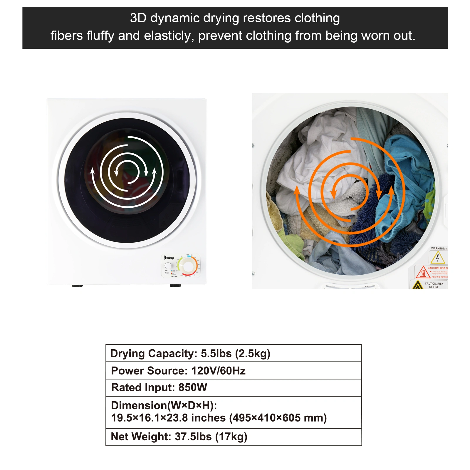 GYM25-78 Compact Portable Household clothes Dryer 1.6cuft with Stainless Steel Drum Black and White 120V MECHANICAL Control ETL Certification view 25