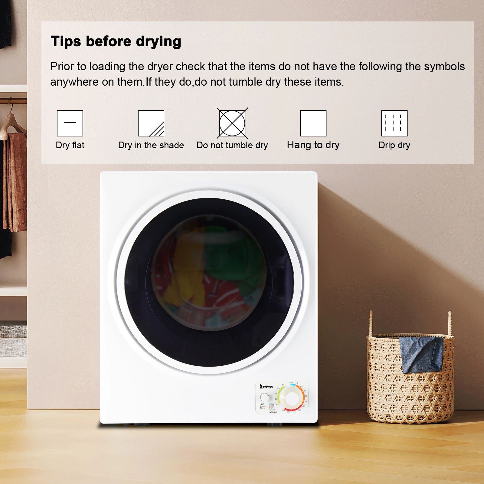 GYM25-78 Compact Portable Household clothes Dryer 1.6cuft with Stainless Steel Drum Black and White 120V MECHANICAL Control ETL Certification view 30