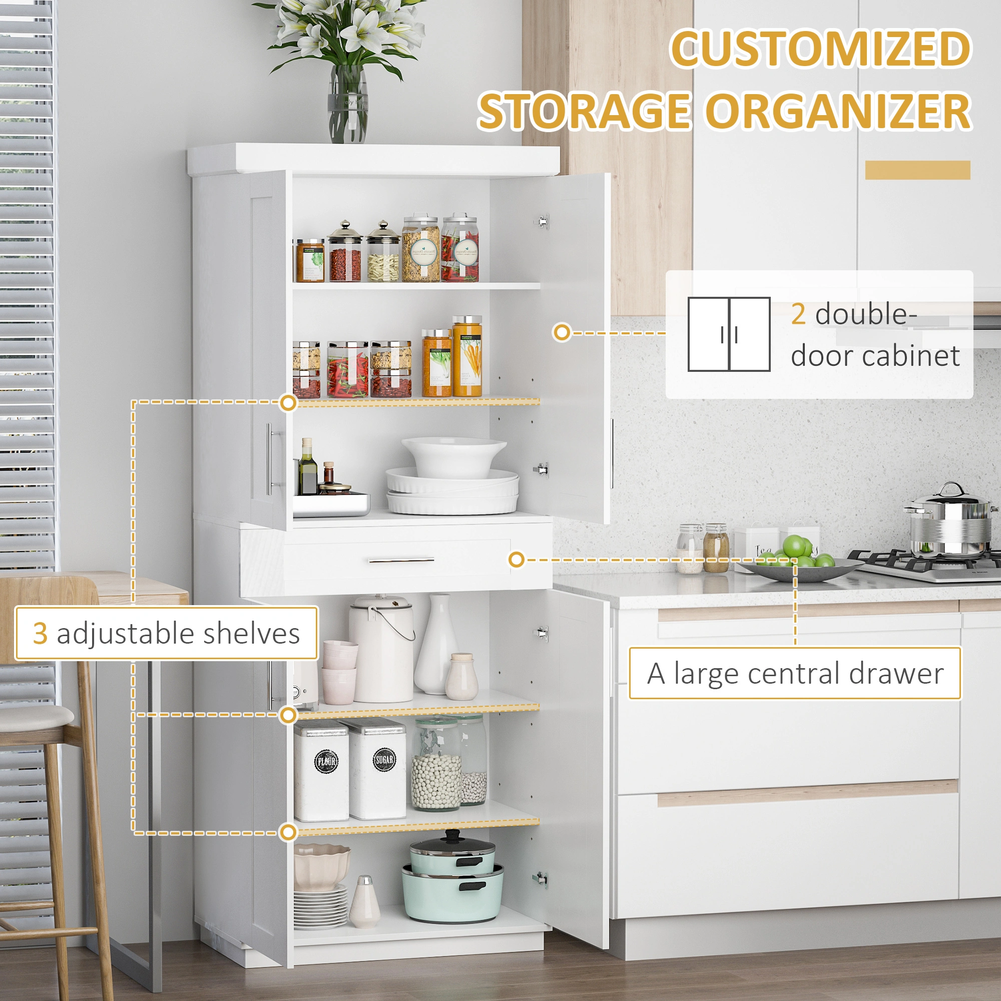 Free Standing Kitchen Cabinet and Bathroom Storage Cupboard, 2-Door Vanity with Shelves, White view 3
