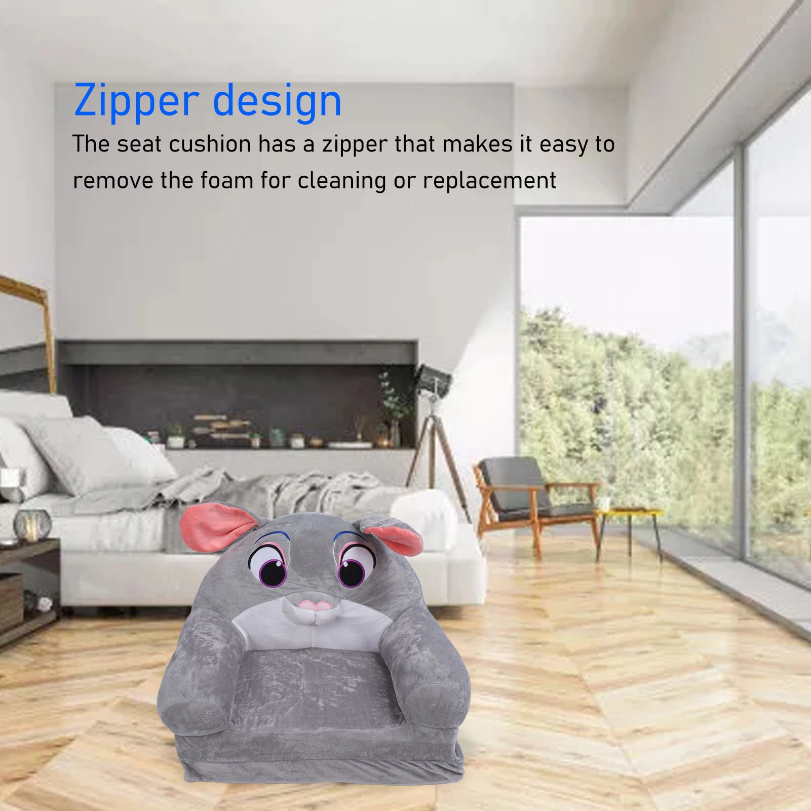 Cute Cartoon Foldable Kids Sofa Bed, 2-Layer Soft Children's Folding Couch with Armrests, Rabbit Design Children Chair for Bedroom Playroom view 3