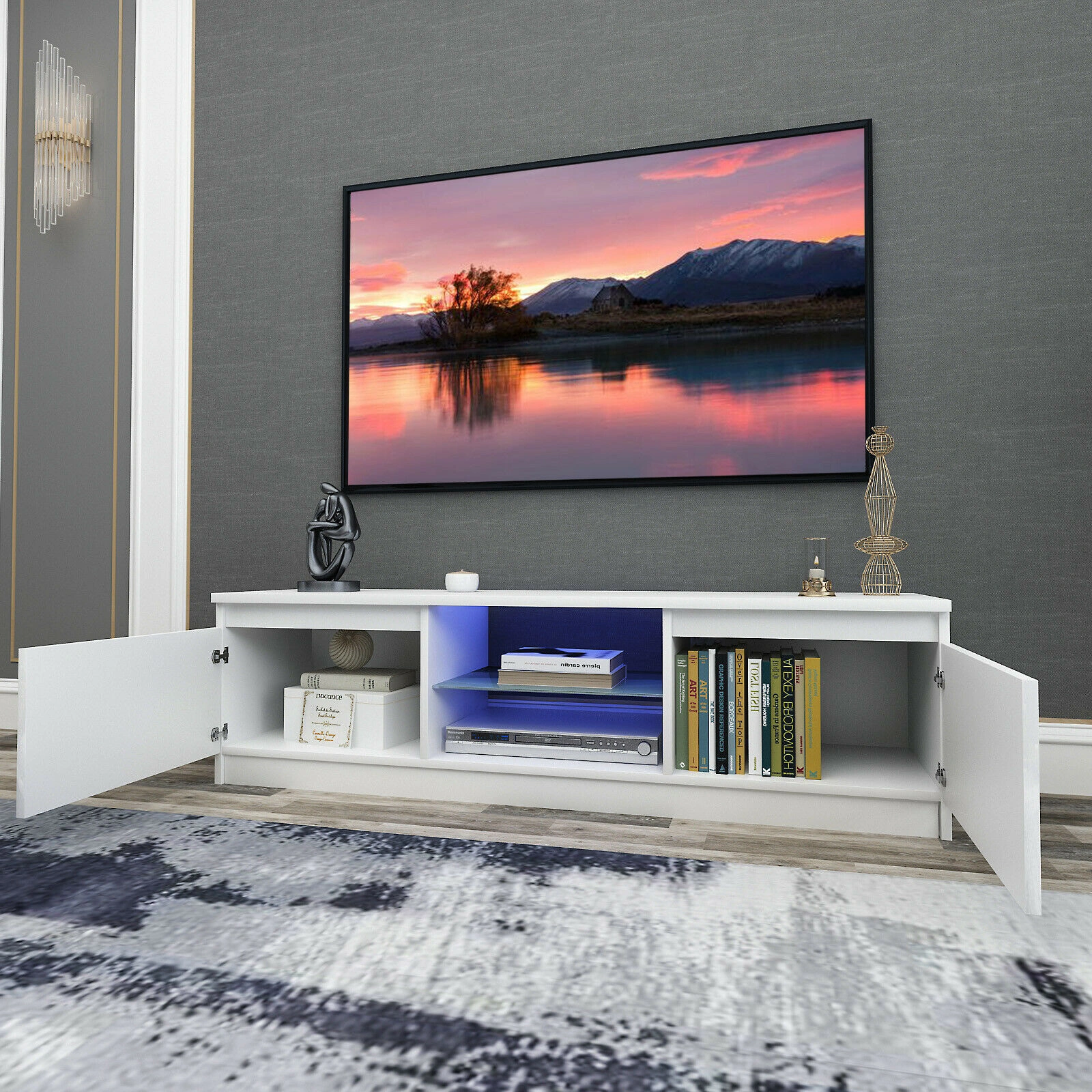 130CM White Modern TV Stand Cabinet - High Gloss Doors, Matt Finish Media Unit with Integrated LED Light
