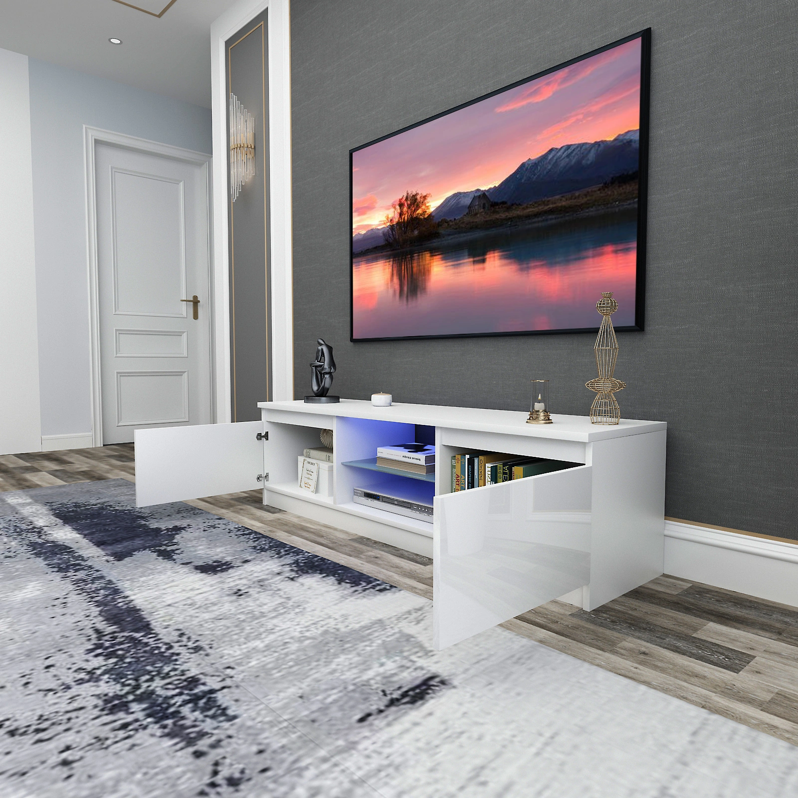 130CM White Modern TV Stand Cabinet - High Gloss Doors, Matt Finish Media Unit with Integrated LED Light view 2