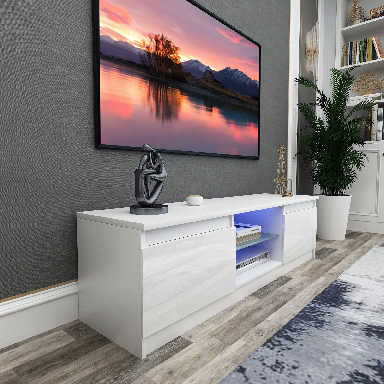 130CM White Modern TV Stand Cabinet - High Gloss Doors, Matt Finish Media Unit with Integrated LED Light view 3
