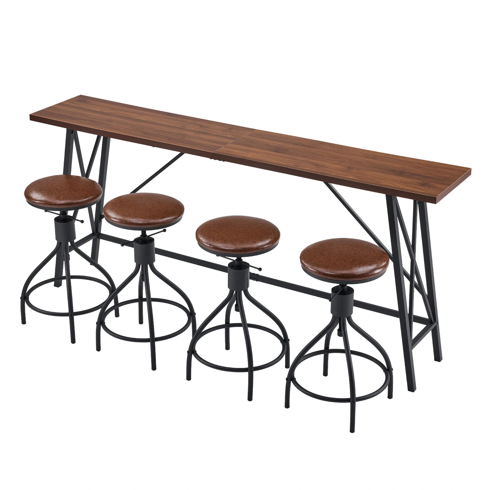 Industrial 5-Piece Bar Table Set with 4 Swivel Stools, 83.8" Height, Brown 3cm Thick Wood Top, Black Metal Frame, PU Adjustable Bar Stools for Home Bar & Pub