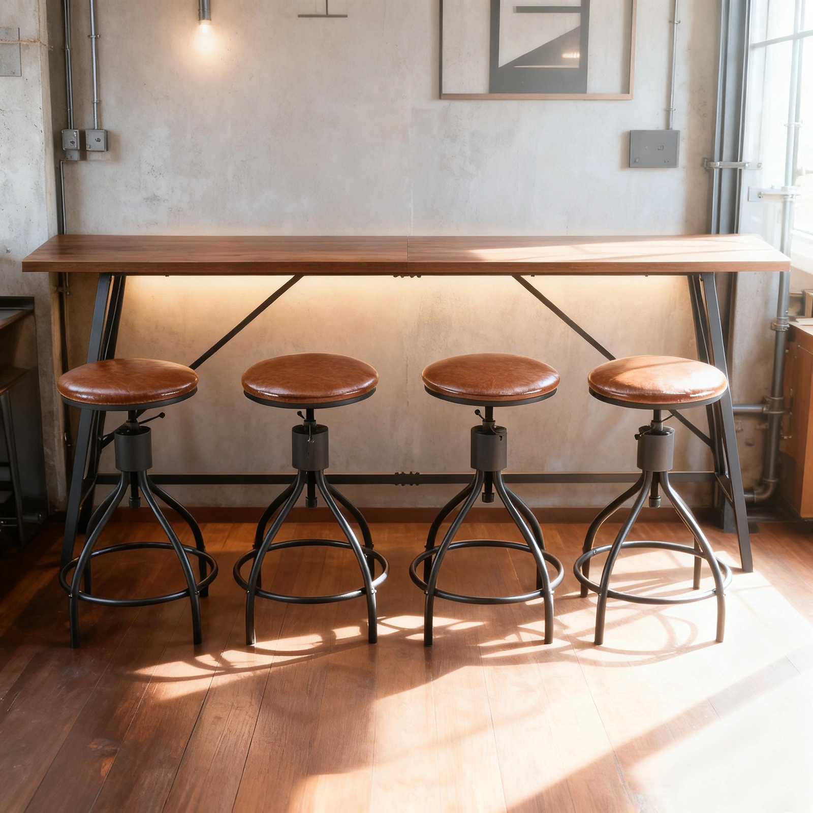 Industrial 5-Piece Bar Table Set with 4 Swivel Stools, 83.8" Height, Brown 3cm Thick Wood Top, Black Metal Frame, PU Adjustable Bar Stools for Home Bar & Pub view 10