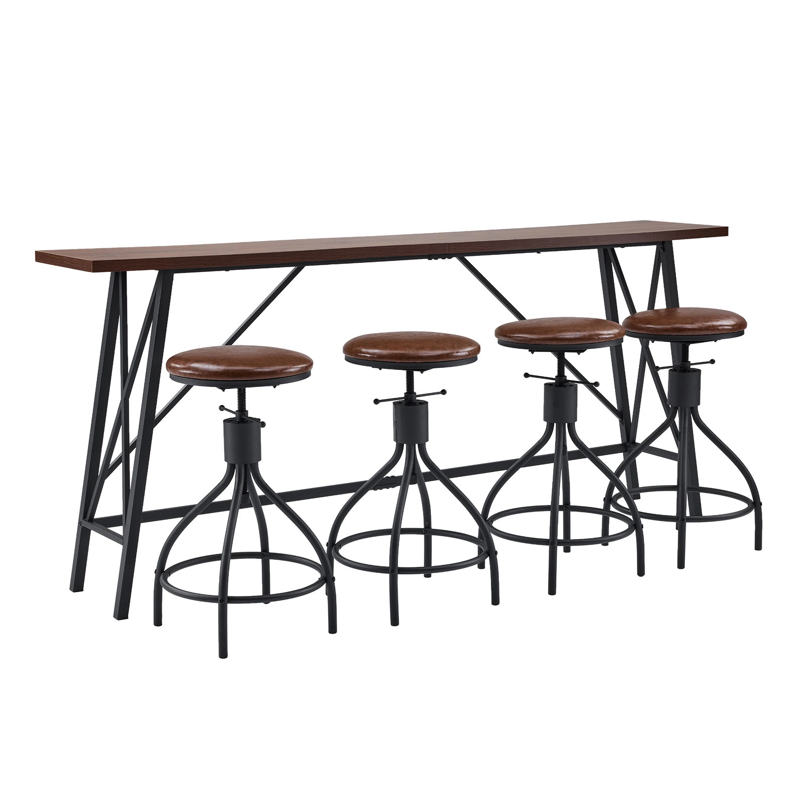 Industrial 5-Piece Bar Table Set with 4 Swivel Stools, 83.8" Height, Brown 3cm Thick Wood Top, Black Metal Frame, PU Adjustable Bar Stools for Home Bar & Pub view 4
