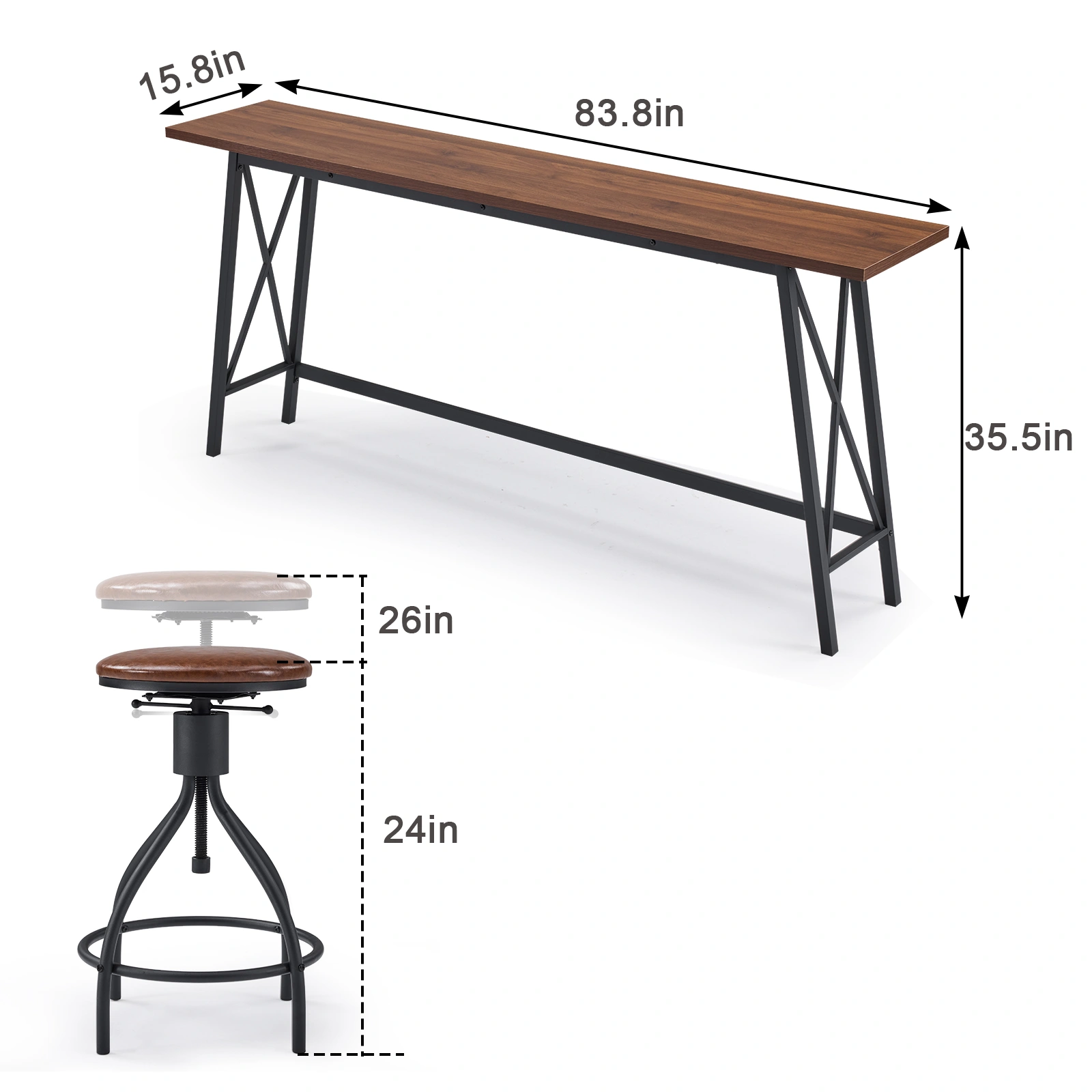 Industrial 5-Piece Bar Table Set with 4 Swivel Stools, 83.8" Height, Brown 3cm Thick Wood Top, Black Metal Frame, PU Adjustable Bar Stools for Home Bar & Pub view 8