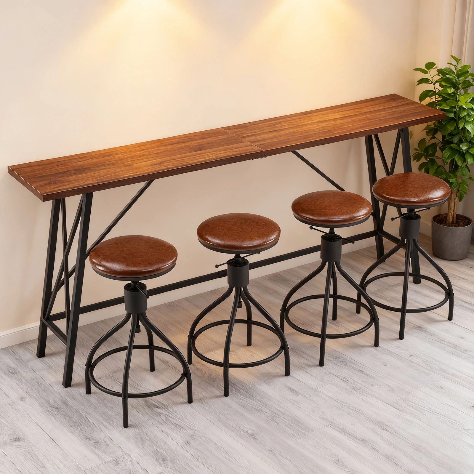 Industrial 5-Piece Bar Table Set with 4 Swivel Stools, 83.8" Height, Brown 3cm Thick Wood Top, Black Metal Frame, PU Adjustable Bar Stools for Home Bar & Pub view 9