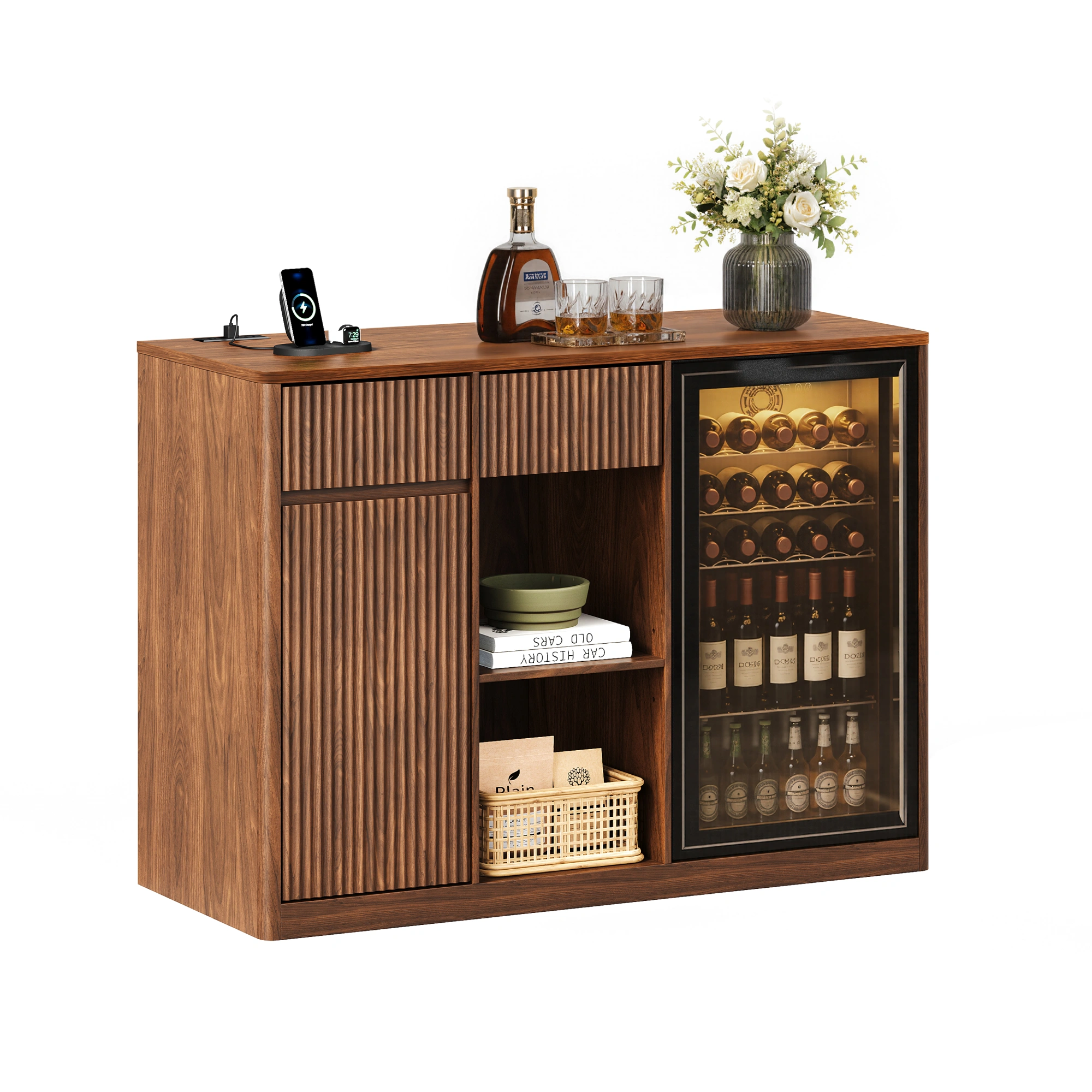 51.2" Modern Fluted Bar Cabinet with Fridge Compartment(Fridge Not Included, Adjustable Shelves & Built-in Power Outlets, Multipurpose Wine Storage Cabinet for Living & Dining Room, Walnut view 7