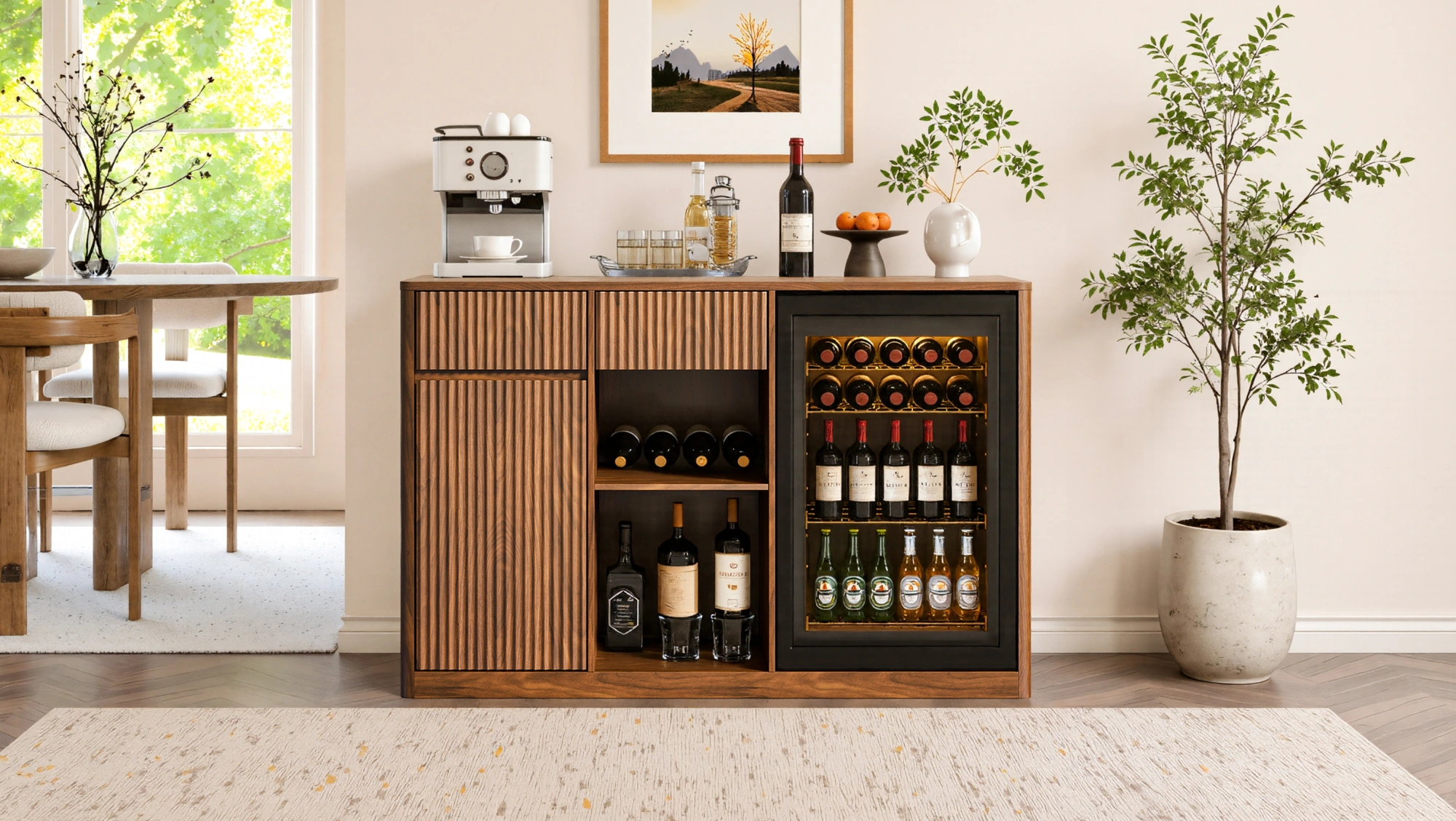 51.2" Modern Fluted Bar Cabinet with Fridge Compartment(Fridge Not Included, Adjustable Shelves & Built-in Power Outlets, Multipurpose Wine Storage Cabinet for Living & Dining Room, Walnut view 9