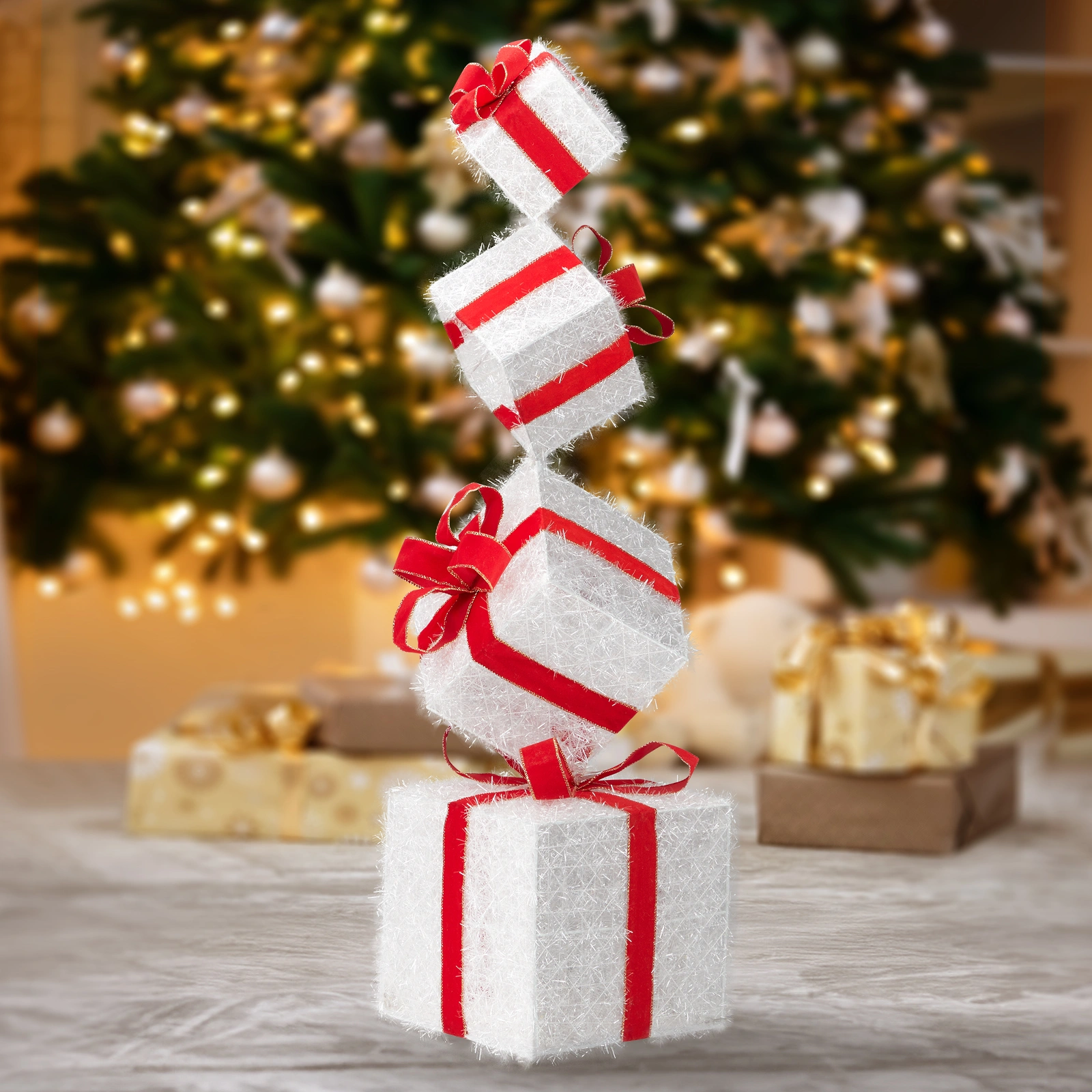 3FT Lighted Gift Box Tower w/ 80 LED Warm White Lights Stakes Christmas Outdoor Indoor Decor